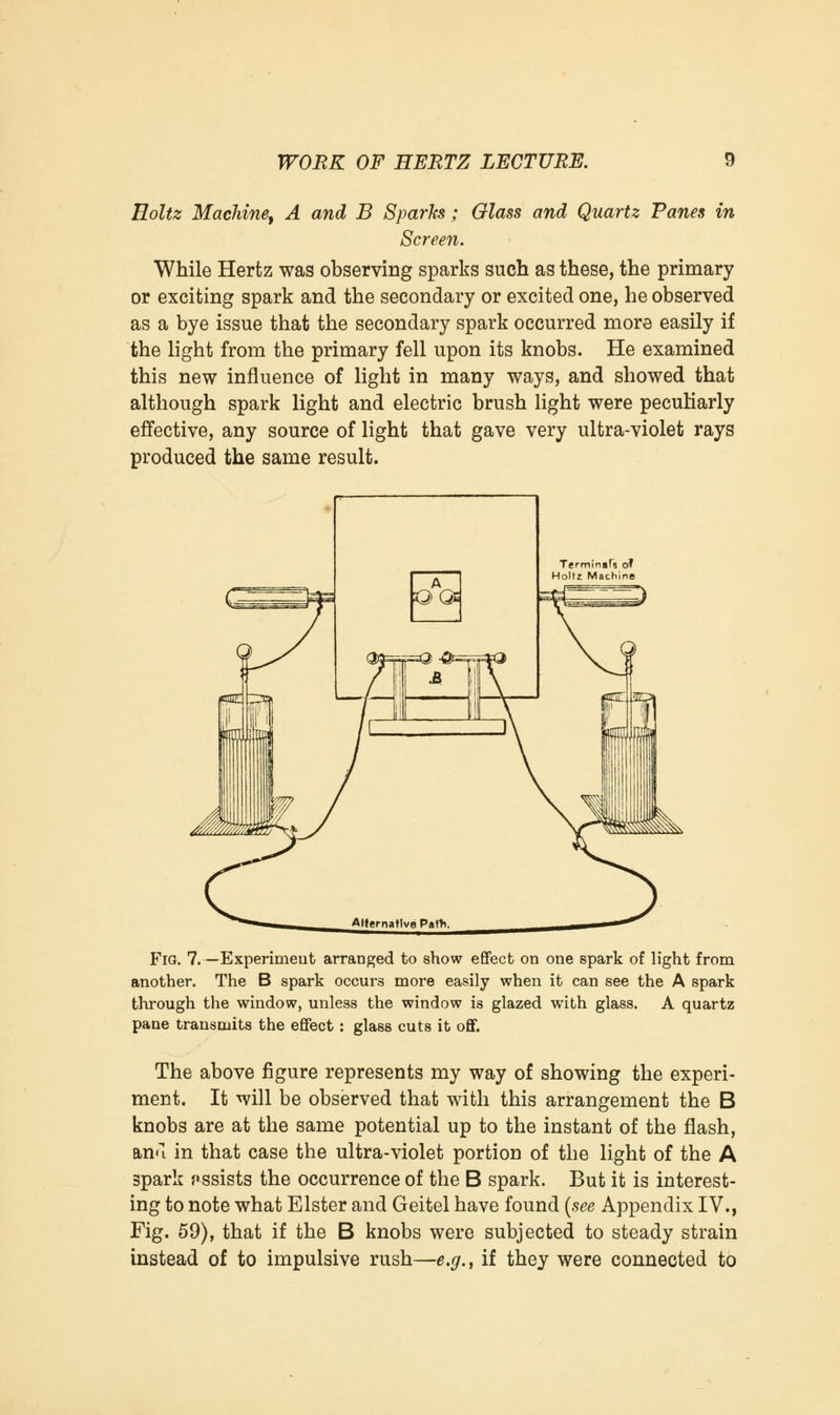 Roltz Machine, A and B Sparks; Glass and Quartz Panes in Screen. While Hertz was observing sparks such as these, the primary or exciting spark and the secondary or excited one, he observed as a bye issue that the secondary spark occurred more easily if the light from the primary fell upon its knobs. He examined this new influence of light in many ways, and showed that although spark light and electric brush light were peculiarly effective, any source of light that gave very ultra-violet rays produced the same result. Fio. 7.—Experiment arranged to show effect on one spark of light from another. The B spark occurs more easily when it can see the A spark through the window, unless the window is glazed with glass. A quartz pane transmits the effect: glass cuts it off. The above figure represents my way of showing the experi- ment. It will be observed that with this arrangement the B knobs are at the same potential up to the instant of the flash, an<T in that case the ultra-violet portion of the light of the A spark pssists the occurrence of the B spark. But it is interest- ing to note what Elster and Geitel have found (see Appendix IV., Fig. 59), that if the B knobs were subjected to steady strain instead of to impulsive rush—e.g., if they were connected to