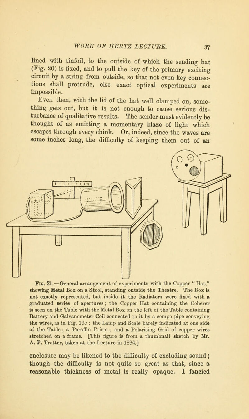 lined with tinfoil, to the outside of which the sending hat (Fig. 20) is fixed, and to pull the key of the primary exciting circuit by a string from outside, so that not even key connec- tions shall protrude, else exact optical experiments are impossible. Even then, with the lid of the hat well clamped on, some- thing gets out, but it is not enough to cause serious dis- turbance of qualitative results. The sender must evidently be thought of as emitting a momentary blaze of light which escapes through every chink. Or, indeed, since the waves are some inches long, the difficulty of keeping them out of an Fiq. 21.—General arrangement of experiments with the Copper  Hat, showing Metal Box on a Stool, standing outside the Theatre. The Box is not exactly represented, but inside it the Radiators were fixed with a graduated series of apertures ; the Copper Hat containing the Coherer is seen on the Table with the Metal Box on the left of the Table containing Battery and Galvanometer Coil connected to it by a compo pipe conveying the wires, as in Fig. 19c ; the Lamp and Scale barely indicated at one side of the Table ; a Paraffin Prism ; and a Polarising Grid of copper wires stretched on a frame. [This figure is from a thumbnail sketch by Mr. A. P. Trotter, taken at the Lecture in 1894.] enclosure may be likened to the difficulty of excluding sound; though the difficulty is not quite so great as that, since a reasonable thickness of metal is really opaque. I fancied
