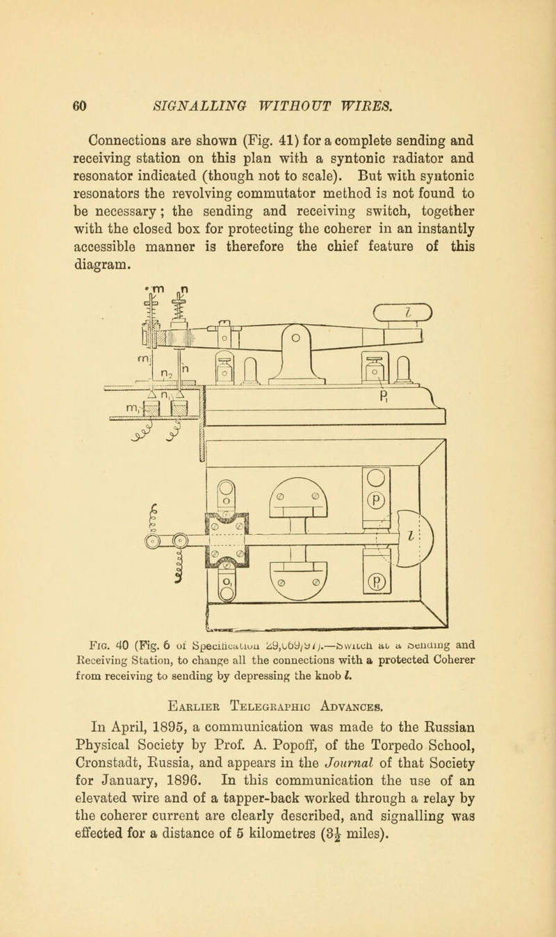Connections are shown (Fig. 41) for a complete sending and receiving station on this plan with a syntonic radiator and resonator indicated (though not to scale). But with syntonic resonators the revolving commutator method is not found to be necessary; the sending and receiving switch, together with the closed box for protecting the coherer in an instantly accessible manner is therefore the chief feature of this diagram. .m „n Fig. 40 (Fig. 6 oi Specihcaiiun Z9,uby/b»/j.—(switch au a lending and Receiving Station, to change all the connections with a protected Coherer from receiving to sending by depressing the knob I. Earlier Telegraphic Advances. In April, 1895, a communication was made to the Russian Physical Society by Prof. A. Popoff, of the Torpedo School, Cronstadt, Russia, and appears in the Journal of that Society for January, 1896. In this communication the use of an elevated wire and of a tapper-back worked through a relay by the coherer current are clearly described, and signalling was effected for a distance of 5 kilometres (3 J miles).