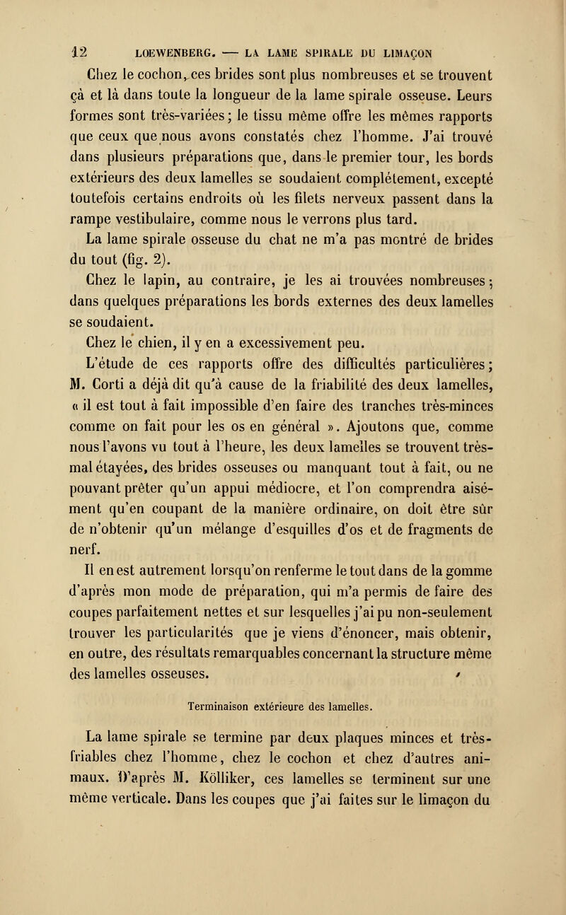 Chez le cochonnées brides sont plus nombreuses et se trouvent çà et là dans toute la longueur de la lame spirale osseuse. Leurs formes sont très-variées ; le tissu même offre les mêmes rapports que ceux que nous avons constatés chez l'homme. J'ai trouvé dans plusieurs préparations que, dans le premier tour, les bords extérieurs des deux lamelles se soudaient complètement, excepté toutefois certains endroits où les filets nerveux passent dans la rampe vestibulaire, comme nous le verrons plus tard. La lame spirale osseuse du chat ne m'a pas montré de brides du tout (fig. 2). Chez le lapin, au contraire, je les ai trouvées nombreuses-, dans quelques préparations les bords externes des deux lamelles se soudaient. Chez le chien, il y en a excessivement peu. L'étude de ces rapports offre des difficultés particulières; M. Corti a déjà dit qu'à cause de la friabilité des deux lamelles, « il est tout à fait impossible d'en faire des tranches très-minces comme on fait pour les os en général ». Ajoutons que, comme nous l'avons vu tout à l'heure, les deux lamelles se trouvent très- mal étayées, des brides osseuses ou manquant tout à fait, ou ne pouvant prêter qu'un appui médiocre, et l'on comprendra aisé- ment qu'en coupant de la manière ordinaire, on doit être sûr de n'obtenir qu'un mélange d'esquilles d'os et de fragments de nerf. Il en est autrement lorsqu'on renferme le tout dans de la gomme d'après mon mode de préparation, qui m'a permis défaire des coupes parfaitement nettes et sur lesquelles j'ai pu non-seulement trouver les particularités que je viens d'énoncer, mais obtenir, en outre, des résultats remarquables concernant la structure même des lamelles osseuses. / Terminaison extérieure des lamelles. La lame spirale se termine par deux plaques minces et très- friables chez l'homme, chez le cochon et chez d'autres ani- maux. D'après M. Kôlliker, ces lamelles se terminent sur une même verticale. Dans les coupes que j'ai faites sur le limaçon du