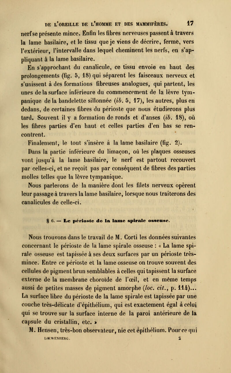 nerf se présente mince. Enfin les fibres nerveuses passent à travers la lame basilaire, et le tissu que je viens de décrire, ferme, vers l'extérieur, l'intervalle dans lequel cheminent les nerfs, en s'ap- pliquant à la lame basilaire. En s'approchant du canalicule, ce tissu envoie en haut des prolongements (fig. 5, 18) qui séparent les faisceaux nerveux et s'unissent à des formations fibreuses analogues, qui partent, les unes de la surface inférieure du commencement de la lèvre tym- panique delà bandelette sillonnée (ib. 5, 17), les autres, plus en dedans, de certaines fibres du périoste que nous étudierons plus tard. Souvent il y a formation de ronds et d'anses (ib. 18), où les fibres parties d'en haut et celles parties d'en bas se ren- contrent. Finalement, le tout s'insère à la lame basilaire (fig. 2). Dans la partie inférieure du limaçon, où les plaques osseuses vont jusqu'à la lame basilaire, le nerf est partout recouvert par celles-ci, et ne reçoit pas par conséquent de fibres des parties molles telles que la lèvre tympanique. Nous parlerons de la manière dont les filets nerveux opèrent leur passage à travers la lame basilaire, lorsque nous traiterons des canalicules de celle-ci. § 6. — Le périoste de la lame spirale osseuse. Nous trouvons dans le travail de M. Corti les données suivantes concernant le périoste de la lame spirale osseuse : « La lame spi- rale osseuse est tapissée à ses deux surfaces par un périoste très- mince. Entre ce périoste et la lame osseuse on trouve souvent des cellules de pigment brun semblables à celles qui tapissent la surface externe de la membrane choroïde de l'œil, et en même temps aussi de petites masses de pigment amorphe (loc. cit., p. 114)... La surface libre du périoste de la lame spirale est tapissée par une couche très-délicate d'épithélium, qui est exactement égal à celui qui se trouve sur la surface interne de la paroi antérieure de la capsule du cristallin, etc. » M. Hensen, très-bon observateur, nie cetépithélium. Pour ce qui