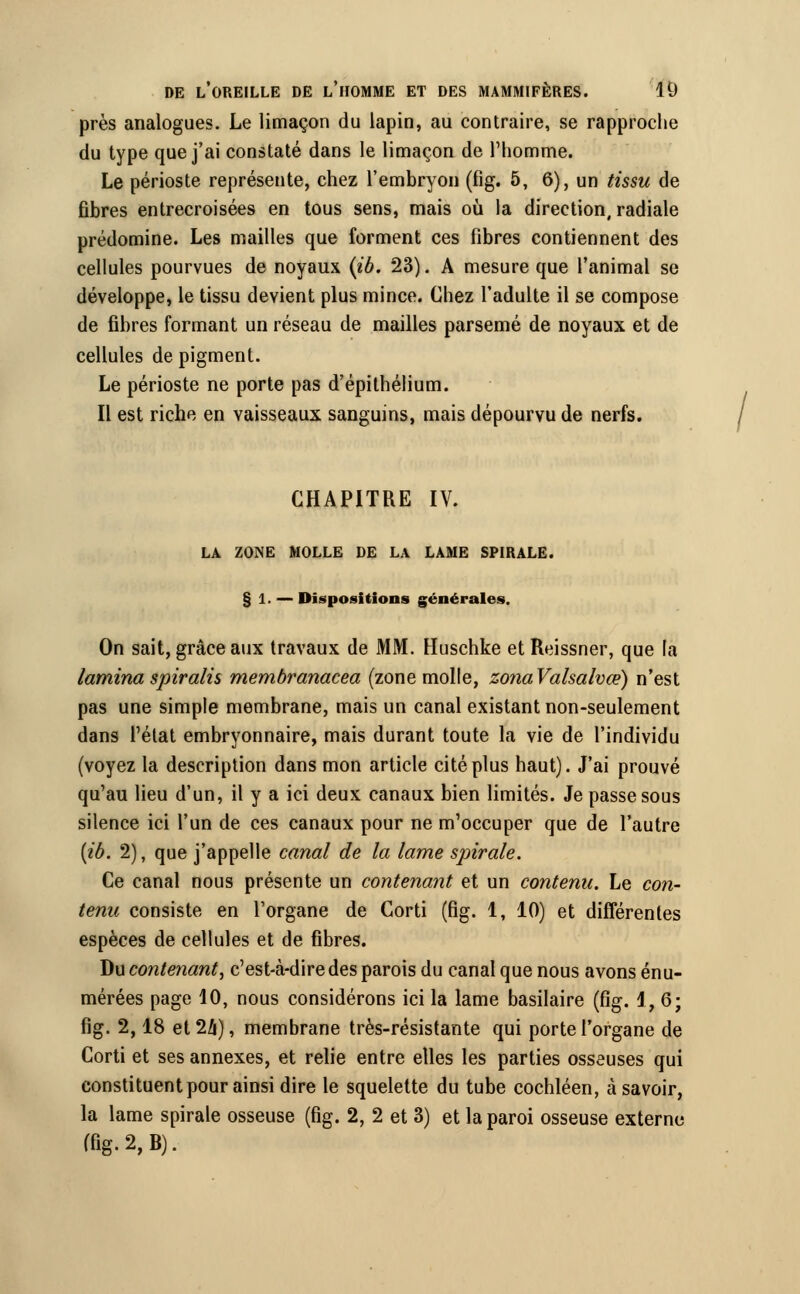 près analogues. Le limaçon du lapin, au contraire, se rapproche du type que j'ai constaté dans le limaçon de l'homme. Le périoste représente, chez l'embryon (fig. 5, 6), un tissu de fibres entrecroisées en tous sens, mais où la direction, radiale prédomine. Les mailles que forment ces fibres contiennent des cellules pourvues de noyaux {ib. 23). A mesure que l'animal se développe, le tissu devient plus mince. Chez l'adulte il se compose de fibres formant un réseau de mailles parsemé de noyaux et de cellules de pigment. Le périoste ne porte pas d'épithélium. Il est riche en vaisseaux sanguins, mais dépourvu de nerfs. CHAPITRE IV. LA ZONE MOLLE DE LA LAME SPIRALE. § 1. — Dispositions générales. On sait, grâce aux travaux de MM. Huschke et Reissner, que la lamina spiralis memôranacea (zone molle, zonaValsalvœ) n'est pas une simple membrane, mais un canal existant non-seulement dans l'état embryonnaire, mais durant toute la vie de l'individu (voyez la description dans mon article cité plus haut). J'ai prouvé qu'au lieu d'un, il y a ici deux canaux bien limités. Je passe sous silence ici l'un de ces canaux pour ne m'occuper que de l'autre {ib. 2), que j'appelle canal de la lame spirale. Ce canal nous présente un contenant et un contenu. Le con- tenu consiste en l'organe de Corti (fig. 1, 10) et différentes espèces de cellules et de fibres. Du contenant, c'est-à-dire des parois du canal que nous avons énu- mérées page 10, nous considérons ici la lame basilaire (fig. 1,6; fig. 2,18 et 24), membrane très-résistante qui porte l'organe de Corti et ses annexes, et relie entre elles les parties osseuses qui constituent pour ainsi dire le squelette du tube cochléen, à savoir, la lame spirale osseuse (fig. 2, 2 et 3) et la paroi osseuse externe (fig.2,B).