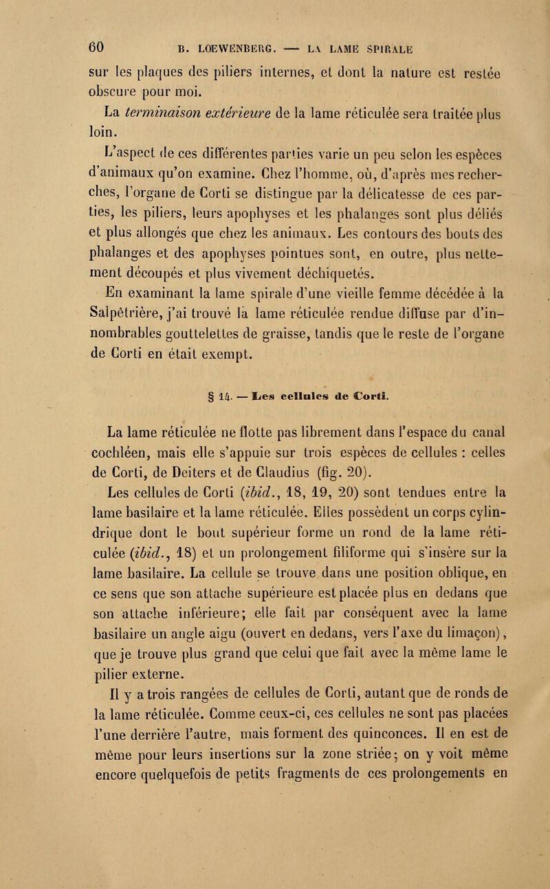 sur les plaques des piliers internes, et dont la nature est restée obscure pour moi. La terminaison extérieure de la lame réticulée sera traitée plus loin. L'aspect de ces différentes parues varie un peu selon les espèces d'animaux qu'on examine. Chez l'homme, où, d'après mes recher- ches, l'organe de Corti se distingue par la délicatesse de ces par- ties, les piliers, leurs apophyses et les phalanges sont plus déliés et plus allongés que chez les animaux. Les contours des bouts des phalanges et des apophyses pointues sont, en outre, plus nette- ment découpés et plus vivement déchiquetés. En examinant la lame spirale d'une vieille femme décédée à la Salpêtrière, j'ai trouvé la lame réticulée rendue diffuse par d'in- nombrables gouttelettes de graisse, tandis que le reste de l'organe de Corti en était exempt. § 14. — I^es cellules de Corti. La lame réticulée ne flotte pas librement dans l'espace du canal cochléen, mais elle s'appuie sur trois espèces de cellules : celles de Corti, de Deiters et de Claudius (fig. 20). Les cellules de Corti (ibid., 18, 19, 20) sont tendues entre la lame basilaire et la lame réticulée. Elles possèdent un corps cylin- drique dont le bout supérieur forme un rond de la lame réti- culée (ibid., 18) et un prolongement filiforme qui s'insère sur la lame basilaire. La cellule se trouve dans une position oblique, en ce sens que son attache supérieure est placée plus en dedans que son attache inférieure; elle fait par conséquent avec la lame basilaire un angle aigu (ouvert en dedans, vers l'axe du limaçon), que je trouve plus grand que celui que fait avec la même lame le pilier externe. Il y a trois rangées de cellules de Corti, autant que de ronds de la lame réticulée. Comme ceux-ci, ces cellules ne sont pas placées l'une derrière l'autre, mais forment des quinconces. Il en est de même pour leurs insertions sur la zone striée 5 on y voit même encore quelquefois de petits fragments de ces prolongements en