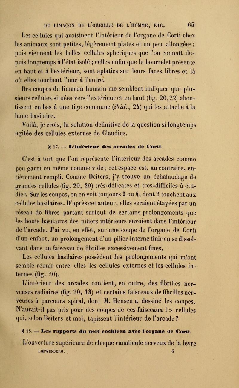 Les cellules qui avoisincnt l'intérieur de l'organe de Corti chez les animaux sont petites, légèrement plates et un peu allongées ; puis viennent les belles cellules sphériques que l'on connaît de- puis longtemps à l'état isolé ; celles enfin que le bourrelet présente en haut et à l'extérieur, sont aplaties sur leurs faces libres et là où elles touchent l'une à l'autre. Des coupes du limaçon humain me semblent indiquer que plu- sieurs cellules situées vers l'extérieur et en haut (6g. 20,22) abou- tissent en bas à une tige commune {ibid., 2/i) qui les attache à la lame basilaire. Voilà, je crois, la solution définitive de la question si longtemps agitée des cellules externes de Claudius. § 17. — 1/intérieur des arcades de Corti. C'est à tort que l'on représente l'intérieur des arcades comme peu garni ou même comme vide; cet espace est, au contraire, en- tièrement rempli. Comme Deiters, j'y trouve un échafaudage de grandes cellules (fig. 20, 29) très-délicates et très-difficiles à étu- dier. Sur les coupes, on en voit toujours 3 ou 4, dont 2 touchent aux cellules basilaires. D'après cet auteur, elles seraient étayées par un réseau de fibres partant surtout de certains prolongements que les bouts basilaires des piliers intérieurs envoient dans l'intérieur de l'arcade. J'ai vu, en effet, sur une coupe de l'organe de Corti d'un enfant, un prolongement d'un pilier interne finir en se dissol- vant dans un faisceau de fibrilles excessivement fines. Les cellules basilaires possèdent des prolongements qui m'ont semblé réunir entre elles les cellules externes et les cellules in- ternes (fig. 20). L'intérieur des arcades contient, en outre, des fibrilles ner- veuses radiaires (fig. 20, 13) et certains faisceaux de fibrilles ner- veuses à parcours spiral, dont M. Hensen a dessiné les coupes. N'aurait-il pas pris pour des coupes de ces faisceaux les cellules qui, selon Deiters et moi, tapissent l'intérieur de l'arcade? § 18. — lies rapports dn nerf coeliléen avec l'organe de Corti. L'ouverture supérieure de chaque canalicule nerveux de la lèvre LCEWENBERG. 6