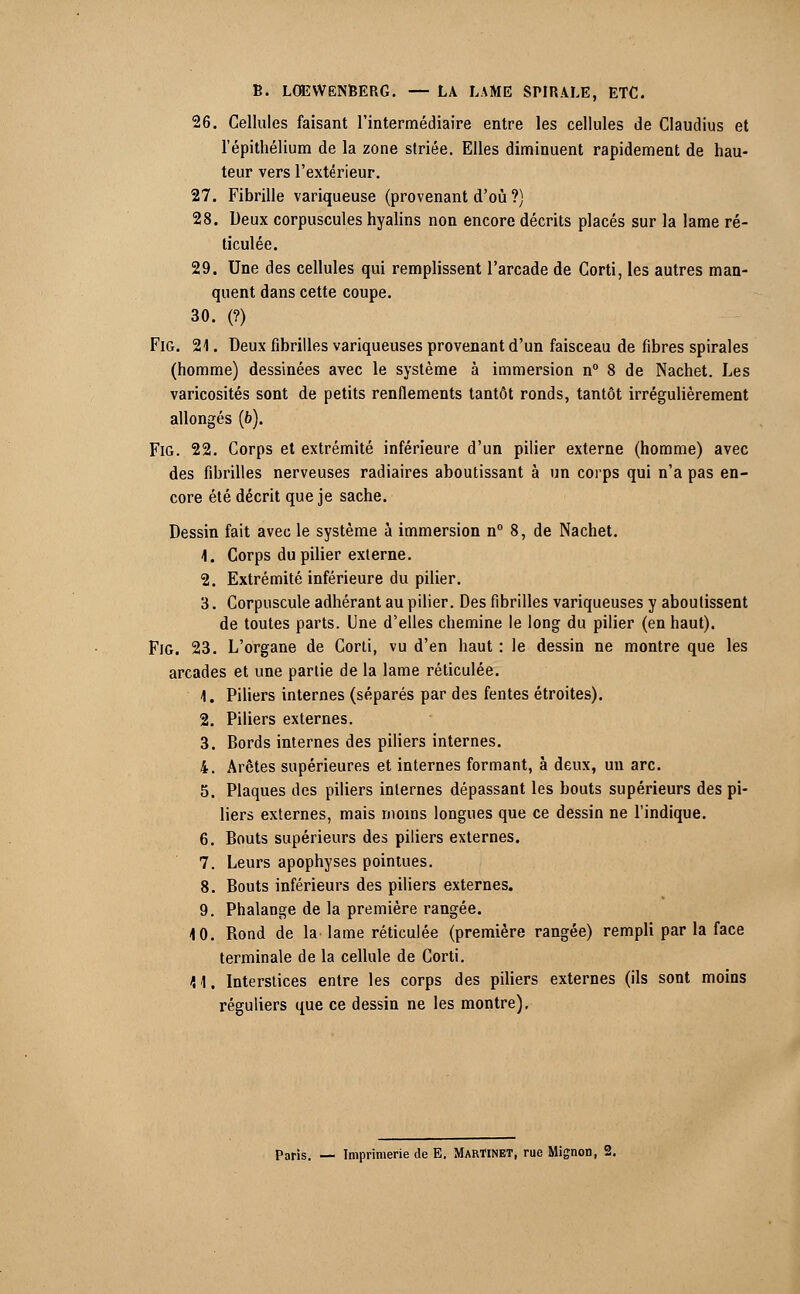 26. Cellules faisant l'intermédiaire entre les cellules de Claudius et l'épitliélium de la zone striée. Elles diminuent rapidement de hau- teur vers l'extérieur. 27. Fibrille variqueuse (provenant d'où ?) 28. Deux corpuscules hyalins non encore décrits placés sur la lame ré- ticulée. 29. Une des cellules qui remplissent l'arcade de Corti, les autres man- quent dans cette coupe. 30. (?) Fig. 21. Deux fibrilles variqueuses provenant d'un faisceau de fibres spirales (homme) dessinées avec le système à immersion n° 8 de Nachet. Les varicosités sont de petits renflements tantôt ronds, tantôt irrégulièrement allongés (6). Fig. 22. Corps et extrémité inférieure d'un pilier externe (homme) avec des fibrilles nerveuses radiaires aboutissant à un corps qui n'a pas en- core été décrit que je sache. Dessin fait avec le système à immersion n° 8, de Nachet. 1. Corps du pilier externe. 2. Extrémité inférieure du pilier. 3. Corpuscule adhérant au pilier. Des fibrilles variqueuses y aboutissent de toutes parts. Une d'elles chemine le long du pilier (en haut). Fig. 23. L'organe de Corti, vu d'en haut : le dessin ne montre que les arcades et une partie de la lame réticulée. 1. Piliers internes (séparés par des fentes étroites). 2. Piliers externes. 3. Bords internes des piliers internes. 4. Arêtes supérieures et internes formant, à deux, un arc. 5. Plaques des piliers internes dépassant les bouts supérieurs des pi- liers externes, mais moins longues que ce dessin ne l'indique. 6. Bouts supérieurs des piliers externes. 7. Leurs apophyses pointues. 8. Bouts inférieurs des piliers externes. 9. Phalange de la première rangée. 4 0. Rond de la lame réticulée (première rangée) rempli par la face terminale de la cellule de Corti. 41. Interstices entre les corps des piliers externes (ils sont moins réguliers que ce dessin ne les montre). Paris. — Imprimerie de E. Martinet, rue Mignon, 2.