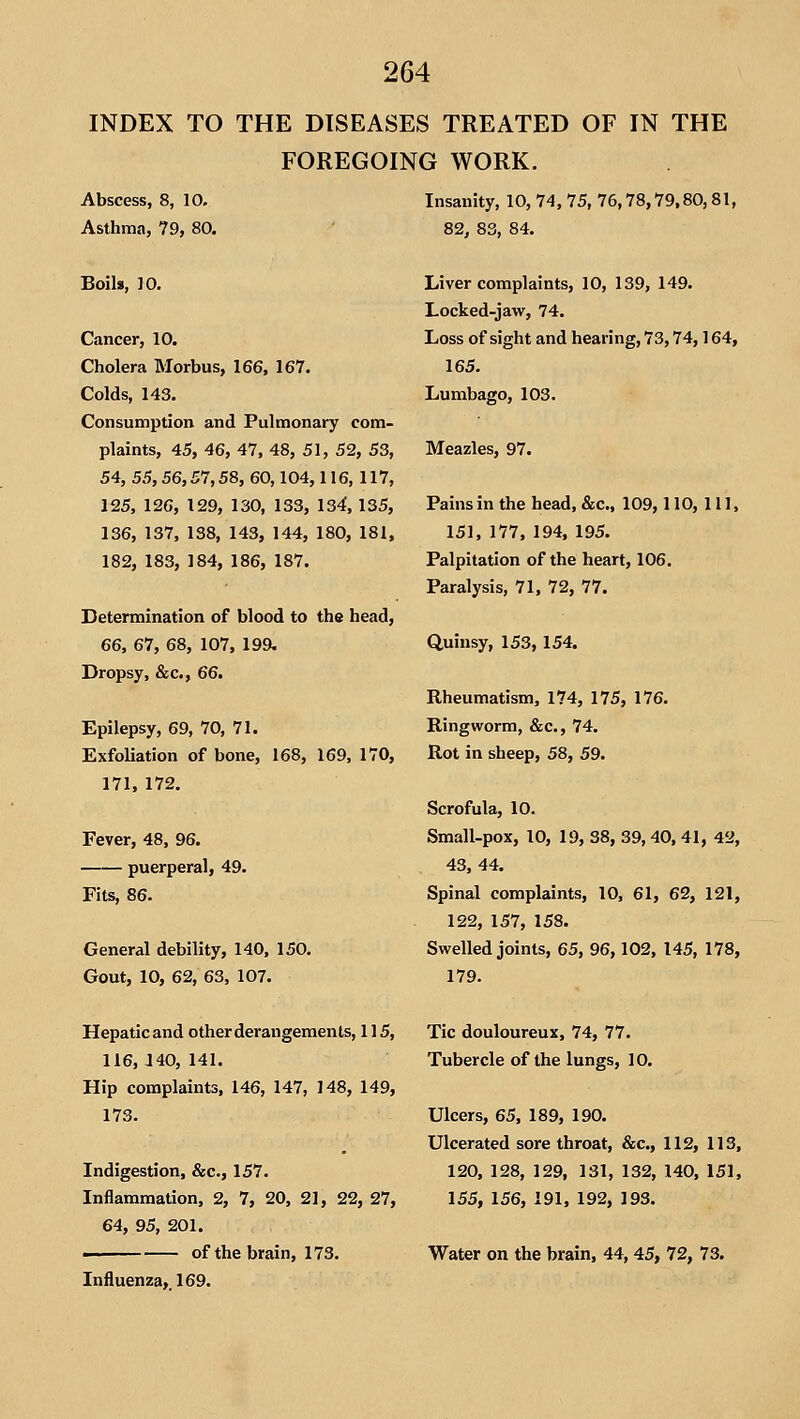 INDEX TO THE DISEASES TREATED OF IN THE FOREGOING WORK. Abscess, 8, 10. Insanity, 10, 74, 75, 76,78,79,80,81, Asthma, 79, 80. 82, 83, 84. Boils, 10. Liver complaints, 10, 139, 149. Locked-jaw, 74. Cancer, 10. Loss of sight and hearing, 73,74,164, Cholera Morbus, 166, 167. 165. Colds, 143. Lumbago, 103. Consumption and Pulmonary com- plaints, 45, 46, 47, 48, 51, 52, 53, Meazles, 97. 54, 55, 56,57,58, 60,104,116, 117, 125, 126, 129, 130, 133, 134, 135, Painsin the head, &c., 109,110, 111, 136, 137, 138, 143, 144, 180, 181, 151, 177, 194, 195. 182, 183, 184, 186, 187. Palpitation of the heart, 106, Paralysis, 71, 72, 77. Determination of blood to the head, 66, 67, 68, 107, 199. Quinsy, 153,154. Dropsy, &c., 66. Rheumatism, 174, 175, 176. Epilepsy, 69, 70, 71. Ringworm, &c., 74. Exfoliation of bone, 168, 169, 170, Rot in sheep, 58, 59. 171, 172. Scrofula, 10. Fever, 48, 96. Small-pox, 10, 19, 38, 39, 40,41, 42, puerperal, 49. 43, 44. Fits, 86. Spinal complaints, 10, 61, 62, 121, 122, 157, 158. General debility, 140, 150. Swelled joints, 65, 96,102, 145, 178, Gout, 10, 62, 63, 107. 179. Hepatic and other derangements, 115, Tic douloureux, 74, 77. 116, a 40, 141. Tubercle of the lungs, 10. Hip complaints, 146, 147, 148, 149, 173. Ulcers, 63, 189, 190. Ulcerated sore throat, &c., 112, 113, Indigestion, &c., 157. 120. 128, 129, 131, 132, 140, 151, Inflammation, 2, 7, 20, 21, 22, 27, 155, 156, 191, 192, 193. 64, 95, 201. ——^ of the brain, 173. Water on the brain, 44, 45, 72, 73. Influenza,. 169.