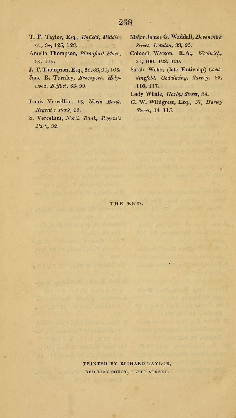 T. F, Taylor, Esq., Enfield, Middle- sex, 34, 125, 126. Amelia Thompson, Blandford Place, 34, 115. J. T.Thompson,Esq.,32,83,94, 106. Jane R. Turnley, JBrocJtport, Holy- luood, Belfast, 33, 99. Louis Vercellini, 13, North Bank, Regent's Park, 93. S. Vercellini, North Bank, Regent's Park, 32. Major James Gr. Waddall, Devonshire Street, London, 33, 93. Colonel Watson, R.A., Woolwich, 31, 100, 128, 129. Sarah Webb, (late Enticnap) Ched- dingfold, Godalming, Surrey, 33, 116, 117. Lady Whale, Harley Street, 34. G. W. Wildgress, Esq., 57, Harley Street, 34, 115. THE END. rKINTED BY RICHARD TAYLOR, BED LION COURT, FLEET STREET.