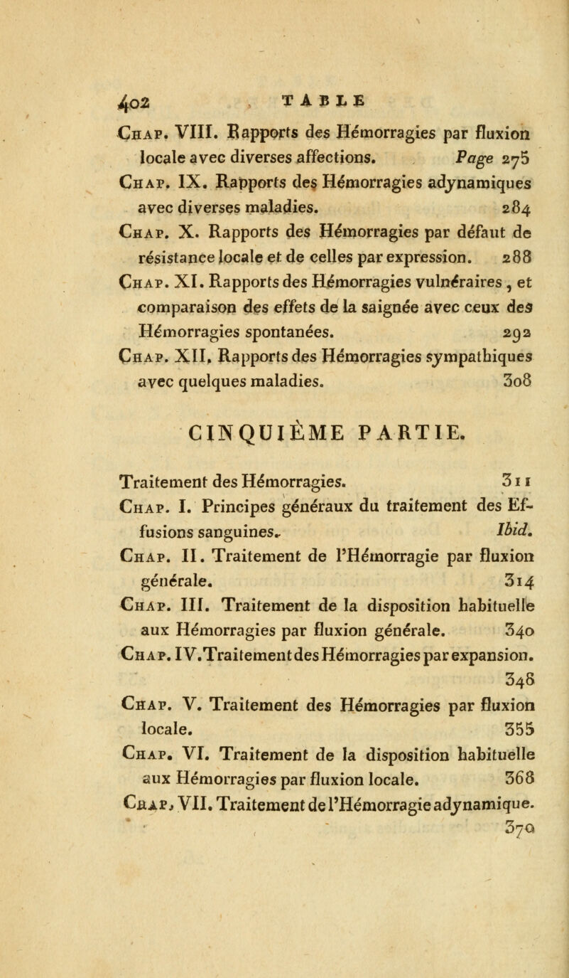 Chap. VIII. Bapports des Hémorragies par fluxion locale avec diverses affections. Page 275 Chap. IX. Rapports des Hémorragies adynamiques avec diverses maladies. 284 Chap. X. Rapports des Hémorragies par défaut de résistance locale et de celles par expression. 288 Çhap. XI. Rapports des Hémorragies vulnéraires, et comparaison des effets de la saignée avec ceux des Hémorragies spontanées. 292 Çhap, XII, Rapports des Hémorragies sympathiques avec quelques maladies. 3o8 CINQUIÈME PARTIE, Traitement des Hémorragies. 311 Chap. I. Principes généraux du traitement des Ef- fusions sanguines.. ïbid. Chap. II. Traitement de PHémorragie par fluxion générale. 314 Chap. III. Traitement de la disposition habituelle aux Hémorragies par fluxion générale. 340 Chap. I V.Traitement des Hémorragies par expansion. 348 Chap. V. Traitement des Hémorragies par fluxion locale. 355 Chap. VI. Traitement de la disposition habituelle aux Hémorragies par fluxion locale. 368 CflAP* VII. Traitement de l'Hémorragie adjnamique. 37a