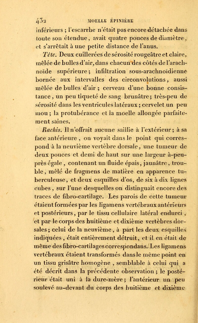 inférieurs ; l'escarrhe n'était pas encore détachée dans toute son étendue, avait quatre pouces de diamètre, et s'arrêtait à une petite dislance de l'anus. Tête. Deux cuillerées de sérosité rougeâtre et claire, mêlée de bulles d'air^ dans chacun des côtés de l'arach- noïde supérieure ; infiltration sous-arachnoïdienné bornée aux intervalles des circonvolutions, aussi mêlée de bulles d'air ; cerveau d'une bonne consis- tance , un peu tiqueté de sang brunâtre ; très-peu de sérosité dans les ventricules latéraux ; cervelet un peu mou ; la protubérance et la moelle allongée parfaite- ment saines. Racliis. Il n'offrait aucune saillie à l'extérieur ; à sa face antérieure , on voyait dans le point qui corres- pond à la neuvième vertèbre dorsale, une tumeur de deux pouces et demi de haut sur une largeur à-peu- près égale , contenant un fluide épais, jaunâtre, trou- ble, mêlé de fragmens de matière en apparence tu- berculeuse, et deux esquilles d'os, de six à dix lignes cubes , sur l'une desquelles on distinguait encore des traces de fîbro-cartilage. Les parois de cette tumeur étaient formées par les ligamens vertébraux antérieurs et postérieurs, par le tissu cellulaire latéral endurci , ''et paille corps des huitième et dixième vertèbres dor- sales; celui de la neuvième, à part les deux esquilles indiquées , était entièrement détruit, et il en était de même desfibro-cartilagescorrespondans.Xes ligamens vertébraux étaient transformés dans le même point en un tissu grisâtre homogène , semblable à celui qui a été décrit dans la précédente observation ; le posté- rieur était uni à la dure-mère ; l'antérieur un peu soulevé au-devant du corps des huitième et dixième