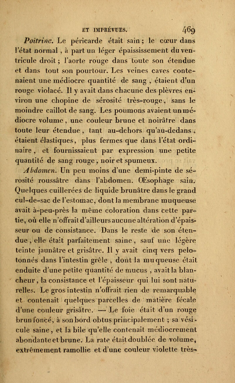 Poitrine. Le péricarde était sain ; le cœur dans l'état normal , à part un léger épaississement du ven- tricule droit ; l'aorte rouge dans toute son étendue et dans tout son pourtour. Les veines caves conte- naient une médiocre quantité de sang , étaient d'un rouge violacé. II y avait dans chacune des plèvres en- viron une chopine de sérosité très-rouge, sans le moindre caillot de sang. Les poumons avaient un mé- diocre volume, une couleur brune et noirâtre dans toute leur étendue, tant au-dehors qu'au-dedans , étaient élastiques, plus fermes que dans l'état ordi- naire , et fournissaient par expression une petite quantité de sang rouge, noir et spumeux. Abdomen. Un peu moins d'une demi-pinte de sé- rosité roussâtre dans l'abdomen. OEsophage sain. Quelques cuillerées de liquide brunâtre dans le grand cul-de-sac de l'estomac, dont la membrane muqueuse avait à-peu-près la même coloration dans cette par- lie, où elle n'offraitd'ailleursaucune altération d'épais- seur ou de consistance. Dans le reste de son éten- due , elle était parfaitement saine, sauf une légère teinte jaunâtre et grisâtre. 11 y avait cinq vers pelo- tonnés dans l'intestin grêle , dont la muqueuse était enduite d'une petite quantité de mucus , avait la blan- ' cheur, la consistance et l'épaisseur qui lui sont natu- relles. Le gros intestin n'offrait rien de remarquable et contenait quelques parcelles de matière fécale d'une couleur grisâtre. — Le foie était d'un rouge brun foncé, à son bord obtus principalement ; sa vési- cule saine, et la bile qu'elle contenait médiocrement abondante et brune. La rate était doublée de volume, extrêmement ramollie et d'une couleur violette très-»