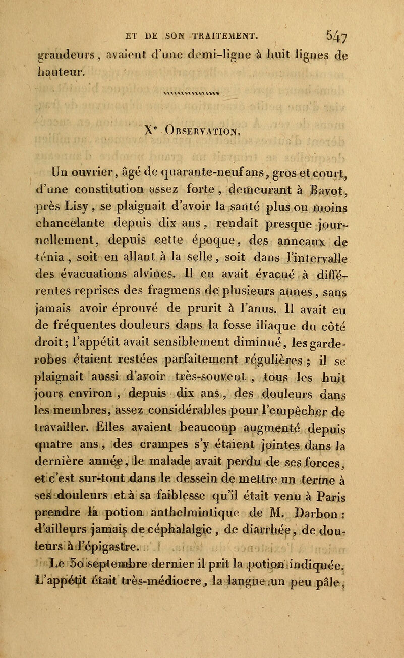 grandeurs, avaient d'une demi-ligne à huit ligues de hauteur. v\\vv\-vv\vvw X Observation. Un ouvrier, âgé de quarante-neuf ans, gros et courl, d'une constitution assez forte , demeurant à Bavot, près Lisy, se plaignait d'avoir la santé plus ou moins chancelante depuis dix ans, rendait presque jour- nellement, depuis cette époque, des anneaux de ténia, soit en allant à la selle, soit dans l'intervalle des évacuations alvines. 11 en avait évacué à diffé- rentes reprises des fragmens de plusieurs aimes, sans jamais avoir éprouvé de prurit à l'anus. Il avait eu de fréquentes douleurs daijs la fosse iliaque du côté droit; l'appétit avait sensiblement diminué, les garde- robes étaient restées parfaitement régulières ; il se plaignait aussi d'avoir très-souvent , tous les huit jours environ , djepuis dix fias, des douleurs dans les membres, asse? considérables pour l'empêcher 4ç travailler. Elles avaient beaucoup augmeoté depuis quatre ans, des crampes s'y étaient jointes dans la dernière anné,e, le malade avait perdu de ses forces, etc'est sur-tout .«lans le dessein de mettris un terme à se^ xlouleurs et à sa faiblesse qu'il était venu à Paris preaidre la potion anthelminlique de M. Darbon : d'ailleurs jamais de céphalalgie , de diarrhée, de dou- leurs à l'épigastre. Le SosepteM^re dernier il prit la .potÎQfï: indiquée. L'appiélïit était très-midiocre, la langue .im peu pâl^,