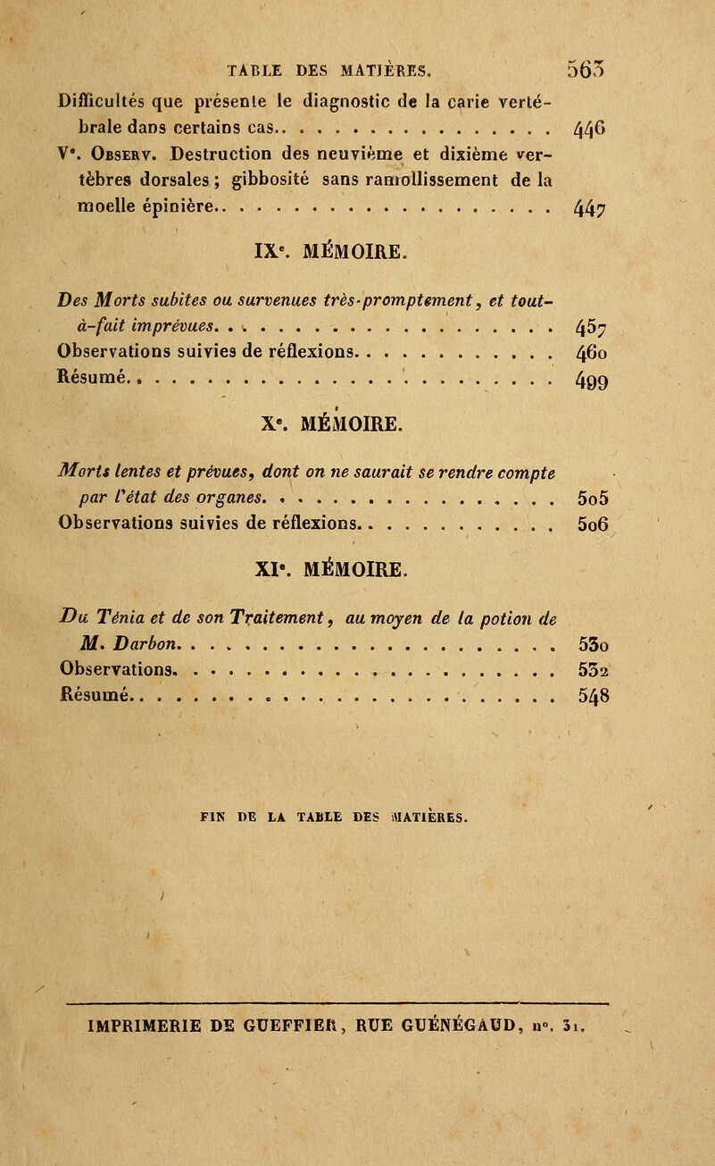 TABLE DES MATIÈRES. 56v5 Difficultés que présente le diagnostic de la carie verté- brale dans certains cas.. 44^ V*. Observ. Destruction des neuvième et dixième ver- tèbres dorsales ; gibbosité sans ramollissement de la moelle épinière 447 IX'. MÉMOIRE. Des Morts subites ou survenues très-promptement, et tout- à-fait imprévues. . 457 Observations suivies de réflexions 4^0 Résumé 409 X*. MÉMOIRE. Morts tentes et prévues, dont on ne saurait se rendre compte par fétat des organes 5o5 Observations suivies de réflexions . 5o6 XI*. MÉMOIRE. Du Ténia et de son Traitement, au moyen de la potion de M. Darbon. 53o Observations 553 Résumé 548 FIN DE LA TABLE DES MATIERES. IMPRIMERIE DE GUEFFIER, RUE GUENEGAUD, n«. 3i.