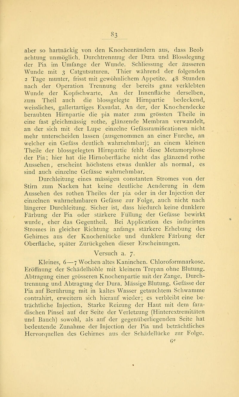 aber so hartnäckig von den Knochenrändern aus, dass Beob achtung unmöglich. Durchtrennuug der Dura und Blosslegung der Pia im Umfange der Wunde. Schhessung der äusseren Wunde mit 3 Catgutsuturen. Thier während der folgenden 2 Tage munter, frisst mit gewöhnlichem Appetite. 48 Stunden nach der Operation Trennung der bereits ganz verklebten Wunde der Kopfschwarte. An der Innenfläche derselben, zum Theil auch die blossgelegte Hirnpartie bedeckend, weissliches, gallertartiges Exsudat. An der, der Knochendecke beraubten Hirnpartie die pia mater zum grössten Theile in eine fast gleichmässig rothe, glänzende Membran verwandelt, an der sich mit der Lupe einzelne Gefässramificationen nicht mehr unterscheiden lassen (ausgenommen an einer Furche, an welcher ein Gefäss deutlich wahrnehmbar); an einem kleinen Theile der blossgelegten Hirnpartie fehlt diese Metainorphose der Pia; hier hat die Hirnoberfläche nicht das glänzend rothe Aussehen, erscheint höchstens etwas dunkler als normal, es sind auch einzelne Gefässe wahrnehmbar, Durchleitung eines massigen constanten Stromes von der Stirn zum Nacken hat keine deutliche Aenderung in dem Aussehen des rothen Theiles der pia oder in der Injection der einzelnen wahrnehmbaren Gefässe zur Folge, auch nicht nach längerer Durchleitung. Sicher ist, dass hiedurch keine dunklere Färbung der Pia oder stärkere Füllung der Gefässe bewirkt wurde, eher das Gegentheil. Bei Application des inducirten Stromes in gleicher Richtung anfangs stärkere Erhebung des Gehirnes aus der Knocheniücke und dunklere Färbung der Oberfläche, später Zurückgehen dieser Erscheinungen. Versuch a. 7. Kleines, 6—7 Wochen altes Kaninchen. Chloroformnarkose. Eröffnung der Schädelhöhle mit kleinem Trepan ohne Blutung, Abtragung einer grösseren Knochenpartie mit der Zange. Durch- trennung und Abtragung der Dura. Massige Blutung. Gefässe der Pia auf Berührung mit in kaltes Wasser getauchtem Schwämme contrahirt, erweitern sich hierauf wieder; es verbleibt eine be- trächtliche Injection. Starke Reizung der Haut mit dem fara- dischen Pinsel auf der Seite der Verletzung (Hintefextremitäten und Bauch) sowohl, als auf der gegenüberliegenden Seite hat bedeutende Zunahme der Injection der Pia und beträchtliches Hervorquellen des Gehirnes aus der Schädellücke zur Folge,