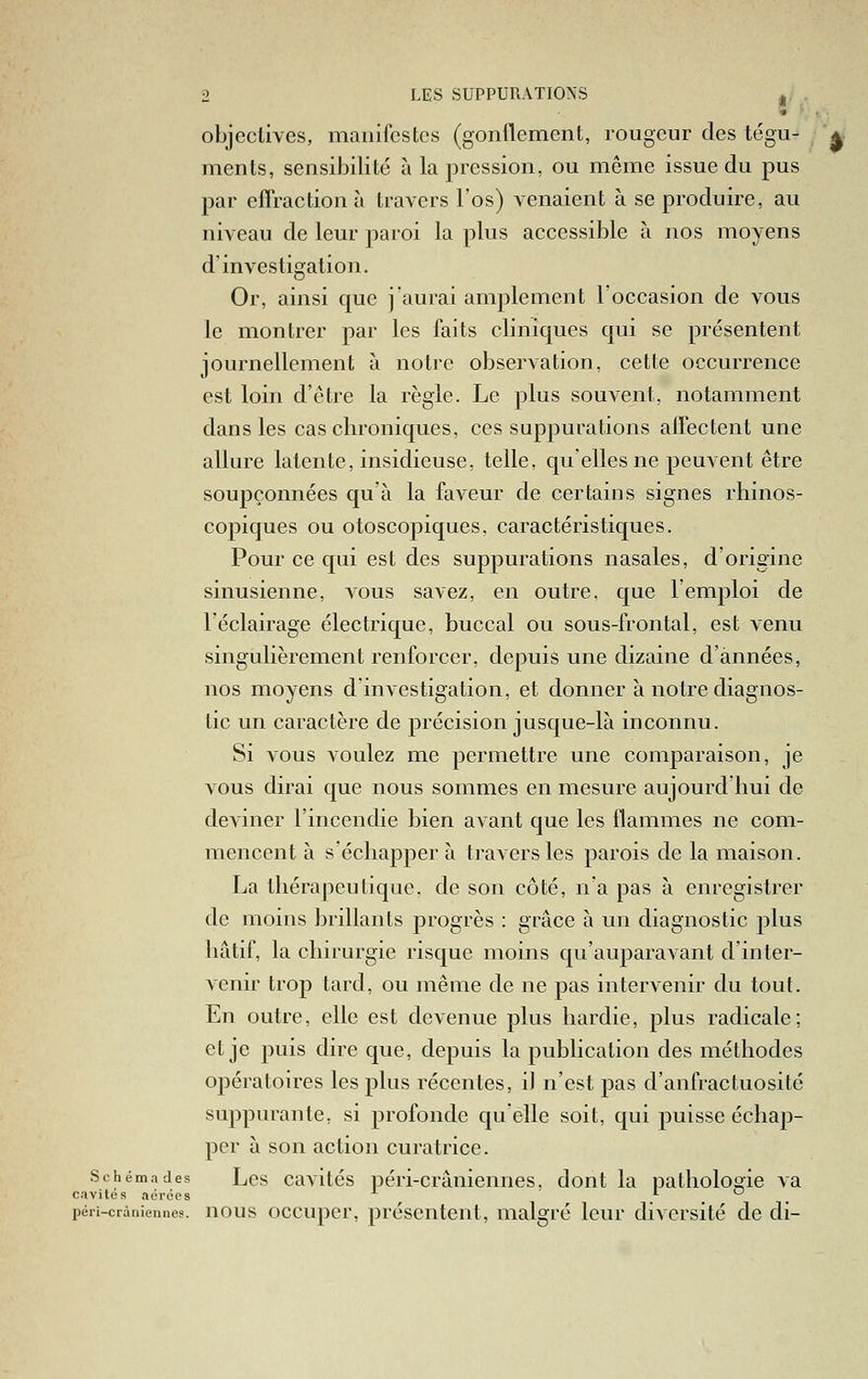 ■■• objectives, manifestes (gonflement, rougeur des tégu- ments, sensibilité à la pression, ou même issue du pus par effraction à travers l'os) venaient à se produire, au niveau de leur paroi la plus accessible à nos moyens d'investigation. Or, ainsi que j'aurai amplement l'occasion de vous le montrer par les faits cliniques qui se présentent journellement à notre observation, cette occurrence est loin d'être la règle. Le plus souvent, notamment dans les cas chroniques, ces suppurations affectent une allure latente, insidieuse, telle, quelles ne peuvent être soupçonnées qu'à la faveur de certains signes rhinos- copiques ou otoscopiques, caractéristiques. Pour ce qui est des suppurations nasales, d'origine sinusienne, vous savez, en outre, que l'emploi de l'éclairage électrique, buccal ou sous-frontal, est venu singulièrement renforcer, depuis une dizaine d'années, nos moyens d'investigation, et donner à notre diagnos- tic un caractère de précision jusque-là inconnu. Si vous voulez me permettre une comparaison, je vous dirai que nous sommes en mesure aujourd'hui de dcA'iner l'incendie bien avant que les flammes ne com- mencent à s'échappera travers les parois de la maison. La thérapeutique, de son côté, n'a pas à enregistrer de moins brillants progrès : grâce à un diagnostic plus hâtif, la chirurgie risque moins qu'auparavant d'inter- venir trop tard, ou même de ne pas intervenir du tout. En outre, elle est devenue plus hardie, plus radicale; et je puis dire que, depuis la publication des méthodes opératoires les plus récentes, i) n'est pas d'anfractuosité suppurante, si profonde qu'elle soit, qui puisse échap- per à son action curatrice. Schéma des Lcs cavités péri-crâniemies, dont la pathologie va cavités aérées . péri-cràniennes. uous occuper, présentent, malgré leur diversité de di-