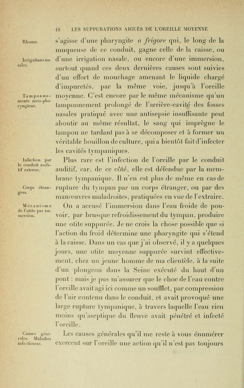 Rhume. s'agisse d'une pharyngite a frigore qui, le long de la muqueuse de ce conduit, gagne celle de la caisse, ou irriMiionsna- d'uuc irrigation nasale, ou encore d'une immersion, 1 ' surtout quand ces deux dernières causes sont suivies d'un effort de mouchage amenant le liquide chargé d'impuretés, par la même A^oie, jusqu'à l'oreille Tamponne- moycnnc. C'est encore par le même mécanisme qu'un menls naso-pha- , /-il' •^ -ri n lyngiens. tamponnement prolonge de 1 arriere-cavite cies losses nasales pratiqué avec une antisepsie insuffisante peut aboutir au même résultat, le sang qui imprègne le tampon ne tardant pas à se décomposer et à former un véritable bouillon de culture, quia bientôt fait d'infecter les cavités tympaniques. Infection par Plus rare cst l'infectiou de l'oreille par le conduit le conduit audi- i- •« -, a /• ii i rp i i lif externe. auclitii. Car, clc cc cotc, clle est détendue par la mem- brane tympanique. Il n'en est plus de même en cas de Corps étran- rupturc du tympan par un corps étranger, ou par des manœuvres maladroites, pratiquées en vue de l'extraire. Mécanisme On a accusé l'immcrsion dans l'eau froide de pou- de l'otite par im- . „ . ,. , , . mersion. vou', par brusquc reiroidisscment du tympan, produirc une otite suppurée. Je ne crois la chose possible que si l'action du froid détermine une pharyngite qui s'étend à la caisse. Dans un cas que j'ai observé, il y a quelques jours, une otite moyenne sujDpurée survint effective- ment, chez un jeune homme de ma clientèle, à la suite d'un plongeon dans la Seine exécuté du haut d'un pont ; mais je pus m'assurer que le choc de l'eau contre roreille avait agi ici comme un soufflet, par compression de l'air contenu dans le conduit, et avait provoqué une large rupture tympanique, à travers laquelle l'eau rien moins qu'aseptique du fleuA^e avait pénétré et infecté l'oreille. Causes goné- Les causcs générales qu'il me reste à vous énumérer raies. Maladies .,,.,.. infcciieuses. cxcrccnt sur 1 orcule une action qu'il nest pas toujours