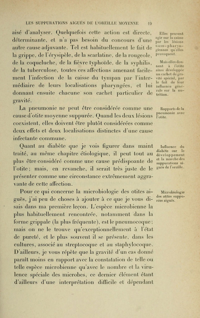 aisé d'analyser. Quelquefois celle aclioii esl directe, Elles peuvent 1', • I I ' l'i 1» agir sur la caU«e deterrninanle, cl u a pas besoin du c(uicours d une par les lé.ion» autre cause adjuvante. Tel est habituellement le lait de liJnn'J^qJcuZ la grippe, de l'érysipèle, delà scarlatine, delà rougeole. Provoquent, de la coqueluche, de la fièvre typhoïde, de la svphilis, Maiseiiesdon- de la tuberculose, toutes ces affections amenant facile- ainsi déveioppk- ,,. p . 1 , . , ,. un cachet (le g ra- ment 1 infection de la caisse du tympan par l'intcr- vite spécial, par , ,. . , I 1 T • I r , . le fait de leur mediaire de leurs localisations pharyngées, et lui iniiuence géné- donnanl ensuite chacune son cachet particulier de triuon'. gravité. La pneumonie ne peut être considérée comme une Rapportsdeia di,., r /-\ 111 i r • pneumonie avec otite moyenne suppuree. Quand les deux lésions iouie. coexistent, elles doivent être j)lutôt considérées comme deux effets et deux localisations distinctes d'une cause infectante commune. Quant au diabète que je vois figurer dans maint influence du traité, au même chapitre étiologique, il peut tout au développement lA, '1'' 'T il et la marche des plus être considère comme une cause predispoante de suppurations ai- l'otite ; mais, en revanche, il serait très juste de le g^'^'s de ioreille. présenter comme une circonstance extrêmement aggra- vante de cette affection. Pour ce qui concerne la microbiologie des otites ai- Microbiologie guës, j'ai peu de choses à ajouter à ce que je vous di- sais dans ma première leçon. L'espèce microbienne la plus habituellement rencontrée, notamment dans la forme grippale (la plus fréquente), est le pneumocoque; mais on ne le trouve qu'exceptionnellement à létal de pureté, et le plus souvent il se présente, dans les cultures, associé au streptocoque et au staphylocoque. D'ailleurs, je vous répète que la gravité d'un cas donné paraît moins en rapport avec la constatation de telle ou telle espèce microbienne qu'avec le nombre et la viru- lence spéciale des microbes, ce dernier élément étant d'ailleurs d'une interprétation difficile et dépendant des otites suppu- rées aisruës.