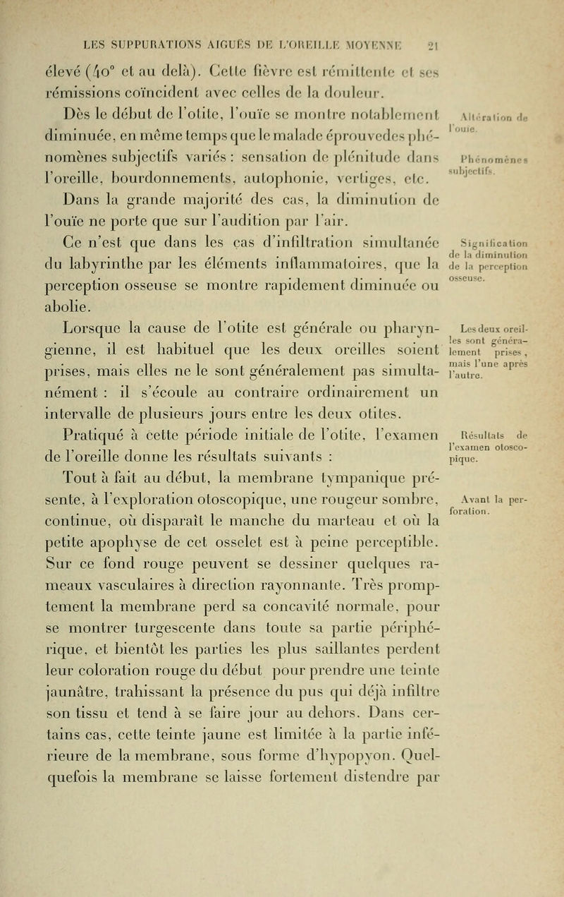 élevé (/io° et au delà). Celle fièvre esl rérnilleiilo et ses rémissions coïncident avec celles de la douleur. Dès le début do l'olilc, l'ouïe se montre nolablomont Ait/raiion <\c diminuée, en môme temps que le malade éprouvedcs phé- nomènes subjectifs variés : sensation de plénitude dans Phénomcno. l'oreille, bourdonnements, autophonie, vertiges, etc. J'^'^'* Dans la grande majorité des cas, la diminution de l'ouïe ne porte que sur l'audition par l'air. Ce n'est que dans les cas d'infiltration simultanée signiiication , , , . , 1 /■! /• -fi • , de la diminution du labyrinthe par les éléments mllammatoires, que la de la perception , • , • 1 .!••/■ osseuse. perception osseuse se montre rapidement diminuée ou abolie. Lorsque la cause de l'otite est générale ou pharyn- Lesdeuxoreii- ., 1 1 • 1 11 -Il .les sont généra- gieiine, il est habituel que les deux oreilles soient lement prises, n 1 I r r ^ , • 1, niais l'une après prises, mais elles ne le sont généralement pas simulta- lautre. nément : il s'écoule au contraire ordinairement un intervalle de plusieurs jours entre les deux otites. Pratiqué à cette période initiale de l'otite, l'examen Rcsuiiais de ■. 1, -ni 1 /■ 1 • l'examen otosco- de 1 oreille donne les résultats suivants : pique. Tout à fait au début, la membrane tympanique pré- sente, à l'exploration otoscopique, une rougeur sombre. Avant la per- ^ ■,. \ ^ 11 ^l foralioli. continue, ou disparaît le manche du marteau et ou la petite apophyse de cet osselet est à peine perceptible. Sur ce fond rouge peuvent se dessiner quelques ra- meaux vasculaires à direction rayonnante. Très promp- tement la membrane perd sa concavité normale, pour se montrer turgescente dans toute sa partie périphé- rique, et bientôt les parties les plus saillantes perdent leur coloration rouge du début pour prendre une teinte jaunâtre, trahissant la présence du pus qui déjà infiltre son tissu et tend à se faire jour au dehors. Dans cer- tains cas, cette teinte jaune est limitée à la partie infé- rieure de la membrane, sous forme d'hypopyon. Quel- quefois la membrane se laisse fortement distendre par