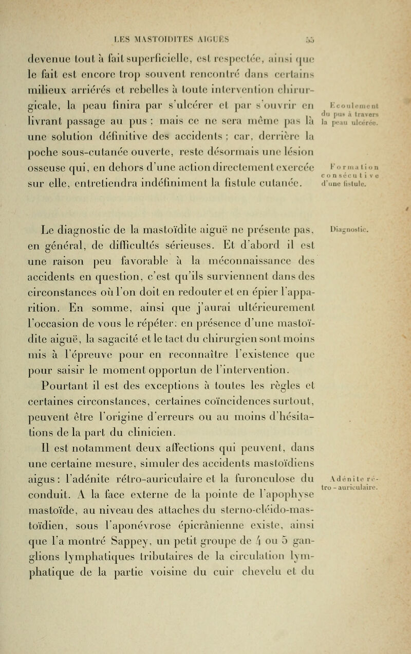 i.KS M\s'if)ii)n Ks Ai(iij(-:s :,;, (Icveiiiic Lotit à l'ail supcilicicUc, est rcspedée, ainsi (jui; le fait est encore trop souvent rencontré dans certains milieux arriéres et rebelles à toute intervention fliirtjt- gicale, la peau finira par s'ulcérer et par s'ouvrir en Kcoiiicnicni ,. . Al,'' P»  travers livrant passage au pus ; mais ce ne sera même pas la la pc-au ulcérée. une solution définitive des accidents ; car, derrière la poche sous-cutanée ouverte, reste désormais une lésion osseuse ciui, en dehors d'une action directement exercée Formaiion 11 • 1 • 1 'f • 1 r- 1 ' conscculive sur elle, cntretieudra indehmment la iistule cutanée. dune lisiuic. Le diagnostic de la mastoïdite aiguë ne présente pas, Diagnosiic. en général, de difficultés sérieuses. Et d'abord il est une raison peu favorable à la méconnaissance des accidents en question, c'est qu'ils surviennent dans des circonstances ou l'on doit en redouter et en épier l'appa- rition. En somme, ainsi que j'aurai ultérieurement l'occasion de vous le répéter; en présence d'une mastoï- dite aiguë, la sagacité elle tact du chirurgien sont moins mis à l'épreuve pour en reconnaître l'existence que pour saisir le moment opportun de rintcrvention. Pourtant il est des exceptions à toutes les règles et certaines circonstances, certaines coïncidences surtout, peuvent être l'origine d erreurs ou au moins d'hésita- tions de la part du clinicien. Il est notamment deux alfections qui peuvent, dans une certaine mesure, simuler des accidents mastoïdiens aigus: l'adénite rétro-auriculaire et la furonculose du Adéniu-rc . ^ . iT 1 tro-auriculairo conduit. A la lace externe de la pointe de 1 apophyse mastoïdc, au niveau des attaches du sterno-cléido-mas- toidien, sous l'aponévrose épicrânienne existe, ainsi que l'a montré Sappey, un petit groupe de \ ou 5 gan- glions lymphatiques tributaires de la circulation lym- phatique de la partie voisine du cuir chevelu et du