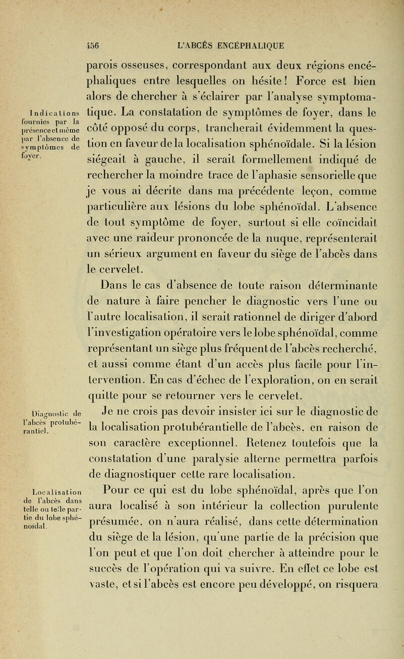 parois osseuses, correspondant aux deux régions encé- phaliques entre lesquelles on hésite ! Force est hien alors de chercher à s'éclairer par l'analyse symptonia- indiealions tiquc. La constatatiou de symptômes de foyer, dans le fournies par la^, ,1 , .,., , présenceeimôme cotc opposc Qu corps, trauclierait évidemment la ques- 'ympiômcs^ de tion cu favcur dc la localisation sphénoïdale. Si la lésion ^'^'*' siégeait à gauche, il serait formellement indiqué de rechercher la moindre trace de l'aphasie sensorielle que je vous ai décrite dans ma précédente leçon, comme particulière aux lésions du lobe sphénoïdal. L'absence de tout symptôme de foyer, surtout si elle coïncidait avec une raideur prononcée de la nuque, représenterait un sérieux argument en faveur du siège de l'abcès dans le cervelet. Dans le cas d'absence de toute raison déterminante de nature à faire jjencher le diagnostic vers l'une ou l'autre localisation, il serait rationnel de diriger d'abord l'investigation opératoire vers le lobe sphénoïdal, comme représentant un siège plus fréquent de l'abcès recherché, et aussi comme étant d'un accès plus facile pour lin- tervention. En cas d'échec de 1 exploration, on en serait quitte pour se retourner vers le cervelet. Dia-nosiic de Je uc crois pas dcvoir insister ici sur le diagnostic de r^ntid.^'^'^ °' la localisation protubérantielle de l'abcès, en raison de son caractère exceptionnel. Retenez toutefois que la constatation d'une paralysie alterne permettra parfois de diagnostiquer cette rare localisation. Localisation Pour cc qui cst du lobe sphénoïdal, après que l'on de l'abcès dans i !•'•> x'* i iii' li telle ou telle par- aura iocalise a son intérieur la collection purulente noidri'''^'''' présumée, on n'aura réalisé, dans cette détermination du siège de la lésion, qu'une partie de la précision que l'on peut et que l'on doit chercher à atteindre pour le succès de l'opération qui va suivre. En efïet ce lobe est vaste, et si l'abcès est encore peu développé, on risquera