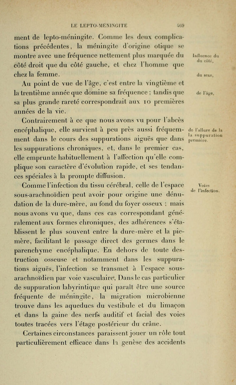 I,K LKI'IO-MKMNCII !•; W.i ment de leplo-Fiicningilc. (joinine les doux complica- tions précédentes, la méningite d'origine olitpje se montre avec une fréquence nettement plus marquée du ii.iincna- du côté droit que du cote gauche, et che/. l homme que chez la femme. du smc. Au point de vue de l'âge, c'est entre la vingtième et la trentième année que domine sa fréquence ; tandis que de làge, sa plus grande rareté correspondrait aux lo premières années de la vie. Contrairement à ce que nous avons vu pour Taboès encéphalique, elle survient à peu près aussi fréquem- de luiiure de la , , i , • • .. 1 la siinpurnlion ment dans le cours des suppurations aiguës que dans prcmiùie. les sappuralions chroniques, et, dans le premier cas, elle emprunte habituellement à Taffection qu'elle com- plique son caractère d'évolution rapide, et ses tendan- ces spéciales à la prompte diffusion. Comme l'infection du tissu cérébral, celle de l'espace Voies ^ -,• • • • J ' ^'^ l'infection. sous-arachnoïdien peut avoir pour origine une clenu- dation de la dure-mère, au fond du foyer osseux : mais nous avons vu que, dans ces cas correspondant géné- ralement aux formes chroniques, des adhérences s'éta- blissent le plus souvent entre la dure-mère et la pie- mère, facilitant le passage direct des germes dans le parenchyme encéphalique. En dehors de toute des- truction osseuse et notamment dans les suppura- tions aiguës, l'infection se transmet à l'espace sous- arachnoïdien par A oie vasculaire*. Dans le cas particulier de suppuration labyrintique qui paraît être une source fréquente de méningite, la migration microbienne trouve dans les aqueducs du vestibule et du limaçon et dans la gaine des nerfs auditif et facial des voies toutes tracées vers l'étage postérieur du crâne. Certaines circonstances paraissent jouer un rôle tout particulièrement efficace dans la genèse des accidents