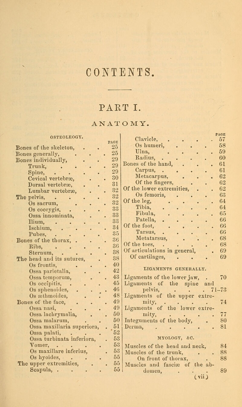 CONTENTS. PAKT I ANATOMY. OSTEOLEOGY. Bones of the skeleton, Bones generally, Bones individually, Trunk, Spine, . . , Cevical vertebrae, Dorsal vertebrae. Lumbar vertebrae, The pelvis, . . , Os sacrum, Os coccygis, Ossa innominata, Ilium, Ischium, Pubes, Bones of the thorax, . Ribs, Sternum, The head and its sutures Os frontis, Ossa parietalia, Ossa temporum, Os occlpitis, Os sphenoides, Os asthmoides, Bones of the face, Ossa nasi, Ossa lachrymalia, Ossa malarum, Ossa maxillaria superiora. Ossa palati, . ■ Ossa turbinata inferiora, Vomer, . . Os maxillare inferius, Os hyoides. The upper extremities. Scapula, . PAGE 25 25 29 29 29 30 31 32 32 32 33 33 33 34 35 36 38 40 42 43 45 46 48 49 49 50 50 51 '52 53 53 53 55 55 55 Clavicle, Os humeri. Ulna, Radius, . Bones of the hand, Carpus, . Metacarpus, Of the fingers, Of the lower extremities, Os femoris, Of the leg. Tibia, Fibula, Patella, , Of the foot. Tarsus, . Metatarsus, Of the toes. Of articulations in general. Of cartilages. LIGAMENTS GENERALLY. PAGE 57 58 59 60 61 61 62 62 62 63 64 64 65 66 66 66 68 68 69 69 Ligaments of the lower jaw, . 70 Ligaments of the spine and pelvis, . . , 71-73 Ligaments of the upper extre- mity, .... 74 Ligaments of the lower extre- mity, . . . .77 Integuments of the body, . 80 Derma, 81 MYOLOGY, &c. Muscles of the head and neck, 84 Muscles of the trunk, . . 88 On front of thorax, . 88 Muscles and fasciae of the ab- domen, ... 89 Cvii^