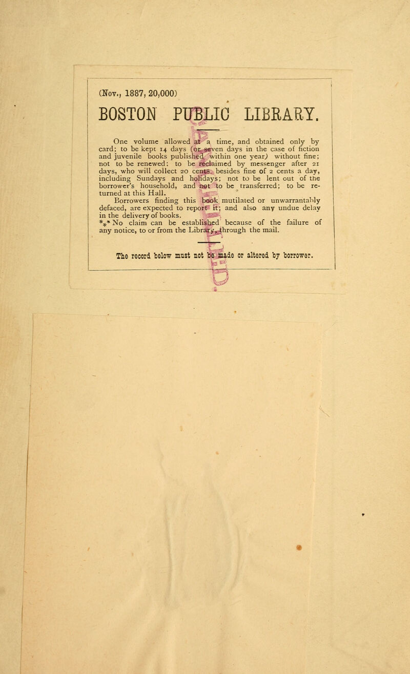 (Nov., 1887, 20,000) BOSTON PUBLIC LIBRARY, One volume allowed at a time, and obtained only by card; to be kept 14 days (oi;r§even days in the case of fiction and juvenile books published within one year^ without fine; not to be renewed; to be reclaimed by messenger after 21 days, who will collect 20 cen$S. besides fine of 2 cents a day, including Sundays and holidays; not to be lent out of the borrower's household, and Q©t Xo be transferred; to be re- turned at this Hall, v.: Borrowers finding this book mutilated or unwarrantably defaced, are expected to report it; and also any undue delay in the delivery of books. i. *^* No claim can be establisbf d because of the failure of any notice, to or from the Library-Through the mail. The record below must not W made or altered by borrower. m^^