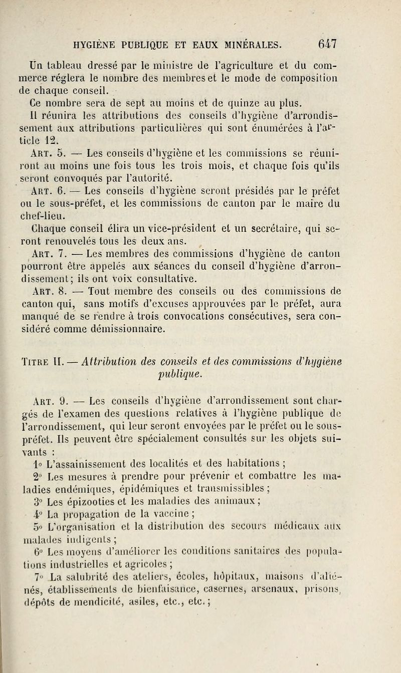 Un tableau dressé par le ministre de l'agriculture et du com- merce réglera le nombre des membres et le mode de composition de chaque conseil. Ce nombre sera de sept au moins et de quinze au plus. Il réunira les attributions des conseils d'hygiène d'arrondis- sement aux attributions particulières qui sont énumérées à l'ai'- ticle 12. Art. 5. — Les conseils d'hygiène et les commissions se réuni- ront au moins une fois tous les trois mois, et chaque fois qu'ils seront convoqués par l'autorité. Art. 6. — Les conseils d'hygiène seront présidés par le préfet ou le sous-préfet, et les commissions de canton par le maire du chef-lieu. Chaque conseil élira un vice-président et un secrétaire, qui se- ront renouvelés tous les deux ans. Art. 7. ■— Les membres des commissions d'hygiène de canton pourront être appelés aux séances du conseil d'hygiène d'arron- dissement; ils ont voix consultative. Art. 8. — Tout membre des conseils ou des commissions de canton qui, sans motifs d'excuses approuvées par le préfet, aura manqué de se rendre à trois convocations consécutives, sera con- sidéré comme démissionnaire. Titre II. — Attribution des conseils et des commissions d'hygiène •publique. Art. 9. — Les conseils d'hygiène d'arrondissement sont char- gés de l'examen des questions relatives à l'hygiène publique de l'arrondissement, qui leur seront envoyées par le préfet ou le sous- préfet. Ils peuvent être spécialement consultés sur les objets sui- vants : 1« L'assainissement des localités et des habitations ; 2 Les mesures à prendre pour prévenir et combattre les ma- ladies endémiques, épidémiques et transmissibles ; 3'' Les épizooties et les maladies des animaux; ■i La propagation de la vaccine ; 5» L'organisation et la distribution des secours médicaux aux malades indigents ; 6 Les moyens d'améliorer les conditions sanitaires des popula- tions industrielles et agricoles ; 1 La salubrité des ateliers, écoles, hôpitaux, maisons d'alié- nés, établissements de bienfaisance, casernes, arsenaux, i)risons, dépôts de mendicité, asiles, etc., etc.;