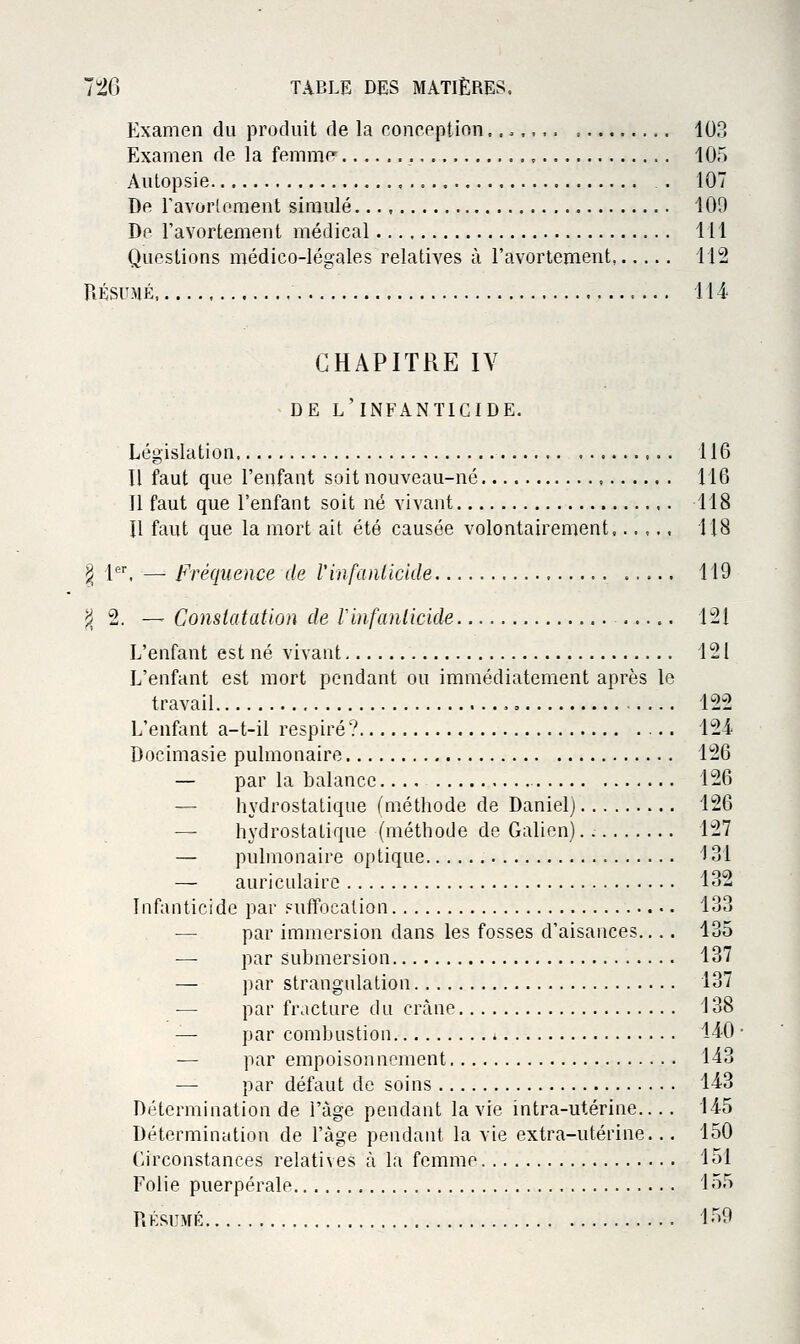 Examen du produit de la concpptinn 103 Examen de la femme- 10.5 Autopsie , . 107 De ravorlement simulé 109 De l'avortement médical 111 Questions médico-légales relatives à l'avortement, 112 PiÉSUJiÉ 114 CHAPITRE IV DE l'infanticide. Législation 116 Il faut que l'enfant soit nouveau-né 116 Il faut que l'enfant soit né vivant 118 Il faut que la mort ait été causée volontairement...... 118 § l''^ — fréquence de l'infanticide 119 ^ 2. — Co7istatation de Vinfanlidde 121 L'enfant est né vivant 121 L'enfant est mort pendant ou immédiatement après le travail ., 122 L'enfant a-t-il respiré ? 124 Docimasie pulmonaire 126 — par la balance 126 — hydrostatique (méthode de Daniel) 126 — hydrostatique (méthode de Galien) 127 — pulmonaire optique 131 — auriculaire 132 Infanticide par .'•uffocalion 133 par immersion dans les fosses d'aisances.... 135 — par submersion 137 — ])ar strangulation 137 •— par fracture du crâne 138 — par combustion 140 — par empoisonnement 143 — par défaut de soins 143 Détermination de l'âge pendant la vie intra-utérine.... 145 Détermintdion de l'âge pendant la vie extra-utérine... 150 Circonstances relati\es à la femme 151 Folie puerpérale 155 RÉsuMP^ 159