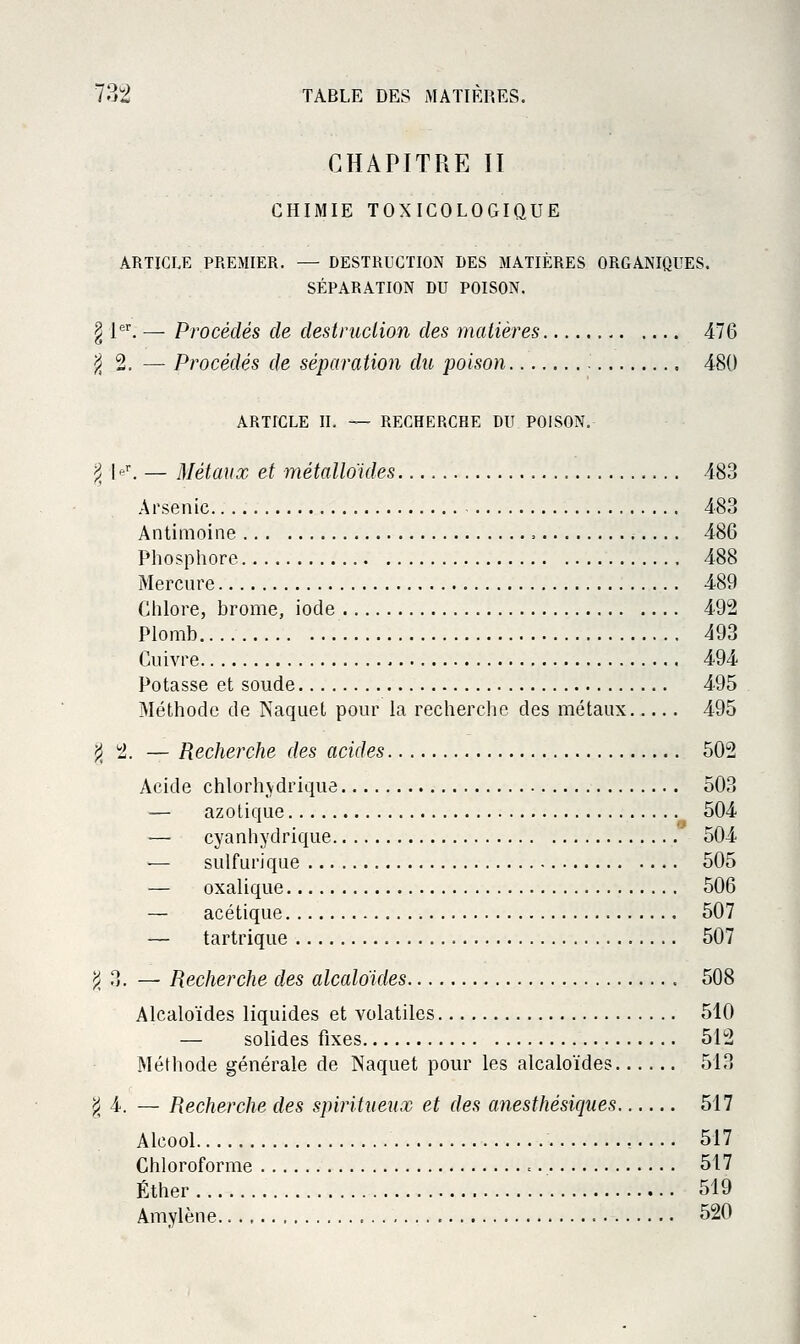 CHAPITRE II CHIMIE TOXICOLOGIQUE ARTICLE PREMIER. — DESTRUCTION DES MATIÈRES ORGANIQUES. SÉPARATION DU POISON. l jw. — Procédés de destruclion des matières 476 j^ 2. — Procédés de séparation du poison 480 ARTICLE IL — RECHERCHE DU POISON. ^ h'. — Métaux et métalloides 483 Arsenic 483 Antimoine > 486 Phosphore 488 Mercure 489 Chlore, brome, iode 492 Plomb 493 Cuivre 494 Potasse et soude 495 Méthode de Naquet pour la recherclic des métaux 495 Ji 2. — Recherche des acides 502 Acide chlorh\driqu3 503 — azolique 504 — cyanhydrique ' 504 — sulfurique 505 — oxalique 506 — acétique 507 — tartrique 507 ^ 3. — Recherche des alcaloïdes 508 Alcaloïdes liquides et volatiles 510 — solides fixes 512 Méthode générale de Naquet pour les alcaloïdes 513 ^4. — Recherche des spiritueux et des anesthésiques 517 Alcool 517 Chloroforme = ^^'^ Éther 519 Amylène 520