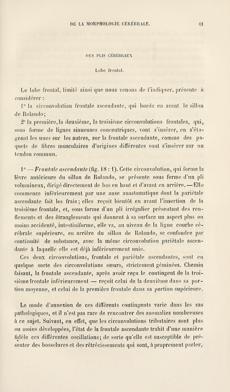 DES PLIS CEREBRAUX Lobe frontaL Le lobe frontal, limité ainsi que nous venons de l'indiquer, présente à considérer : 1° la circonvolution frontale ascendante, qui borde en avant le sillon de Rolando; 2 la première,la deuxième, la troisième circonvolutions frontales, qui, sous forme de lignes sinueuses concentriques, vont s'insérer, en s'éla- geant les unes sur les autres, sur la frontale ascendante, comme des pa- quets de fibres musculaires d'origines différentes vont s'insérer sur un tendon commun, 1° — Frontale ascendante (fig. 18 : 1). Cette circonvolution, qui forme la lèvre antérieure du sillon de Rolando, se présente sous forme d'un pli volumineux, dirigé directement de bas en haut et d'avant en arrière.—Elle commence inférieurement par une anse anastomatique dont la pariétale ascendante fait les frais; elles reçoit bientôt en avant l'insertion de la troisième frontale, et, sous forme d'un pli irrégulier présentant des ren- flements et des étranglements qui donnent à sa surface un aspect plus ou moins accidenté, intestiniforme, elle va, au niveau de la ligne courbe cé- rébrale supérieure, en arrière du sillon de Rolando, se confondre par continuité de substance, avec la même circonvolution pariétale ascen- dante à laquelle elle est déjà inférieurement unie. Ces deux circonvolutions, frontale et pariétale ascendantes, sont en quelque sorte des circonvolutions sœurs, strictement géminées. Chemin faisant, la frontale ascendante, après avoir reçu le contingent de la troi- sième frontale inférieurement — reçoit celui de la deuxième dans sa por- tion moyenne, et celui de la première frontale dans sa portion supérieure. Le mode d'annexion de ces différents contingents varie dans les cas pathologiques, et il n'est pas rare de rencontrer des anomalies nombreuses à ce sujet. Suivant, en effet, que les circonvolutions tributaires sont plus ou moins développées, l'état de la frontale ascendante trahit d'une manière fidèle ces différentes oscillations; de sorte qu'elle est susceptible de pré- senter des bosselures et des rétrécissements qui sont, à proprement parler,