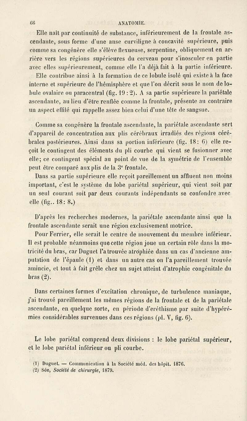 Elle naît par continuité de substance, inférieurement de la frontale as- cendante, sous forme d'une anse curviligne à concavité supérieure, puis comme sa congénère elle s'élève flexueuse, serpentine, obliquement en ar- rière vers les régions supérieures du cerveau pour s'inosculer en partie avec elles supérieurement, comme elle l'a déjà fait à la partie inférieure. Elle contribue ainsi à la formation de ce lobule isolé qni existe à la face interne et supérieure de l'hémisphère et que l'on décrit sous le nom de lo- bule ovalaire ou paracentral (fig. 19 : 2). A sa partie supérieure la pariétale ascendante, au lieu d'être renflée comme la frontale, présente au contraire un aspect effilé qui rappelle assez bien celui d'une tête de sangsue. Comme sa congénère la frontale ascendante, la pariétale ascendante sert d'appareil de concentration aux plis cérébraux irradiés des régions céré- brales postérieures. Ainsi dans sa portion inférieure (fig. 18: 6) elle re- çoit le contingent des éléments du pli courbe qui vient se fusionner avec elle; ce contingent spécial au point de vue de la symétrie de l'ensemble peut être comparé aux plis de la 3'^ frontale. Dans sa partie supérieure elle reçoit pareillement un affluent non moins important, c'est le système du lobe pariétal supérieur, qui vient soit par un seul courant soit par deux courants indépendants se confondre avec elle (fig.. 18: 8.) D'après les recherches modernes, la pariétale ascendante ainsi que la frontale ascendante serait une région exclusivement motrice. PourFerrier, elle serait le centre de mouvement du membre inférieur. Il est probable néanmoins que cette région joue un certain rôle dans la mo- tricité du bras, car Duguet l'a trouvée atrophiée dans un cas d'ancienne am- putation de l'épaule (1) et dans un autre cas on l'a pareillement trouvée amincie, et tout à fait grêle chez un sujet atteint d'atrophie congénitale du bras (2). Dans certaines formes d'excitation chronique, de turbulence maniaque, j'ai trouvé pareillement les mêmes régions de la frontale et de la pariétale ascendante, en quelque sorte, en période d'eréthisme par suite d'hypéré- mies considérables survenues dans ces régions (pi. V, fig. 6). Le lobe pariétal comprend deux divisions : le lobe pariétal supérieur, et le lobe pariétal inférieur ou pli courbe. (1) Duguet. — Communication à la Société méd. des hôpit. 1876. (2) Sée, Société de chirurgie, 1879.