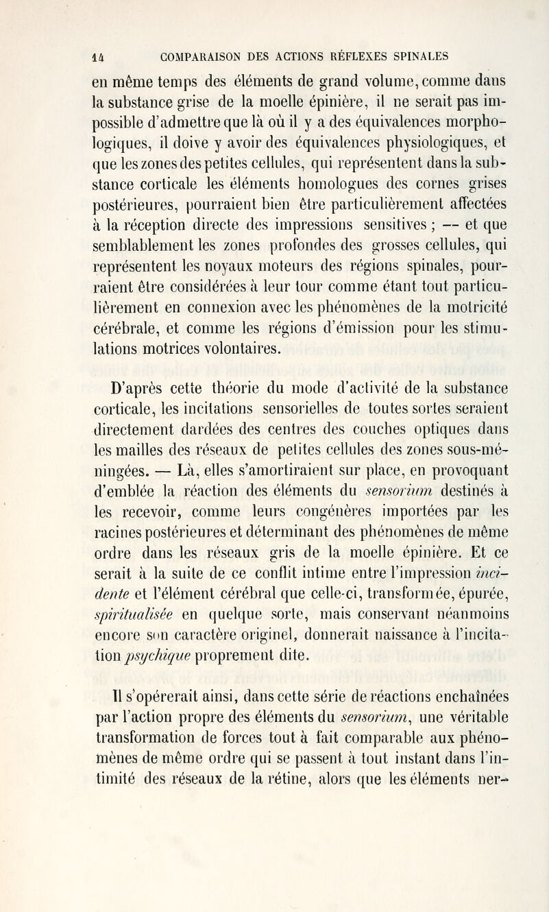 en même temps des éléments de grand volume, comme dans la substance grise de la moelle épinière, il ne serait pas im- possible d'admettre que là où il y a des équivalences morpho- logiques, il doive y avoir des équivalences physiologiques, et que les zones des petites cellules, qui représentent dans la sub- stance corticale les éléments homologues des cornes grises postérieures, pourraient bien être particulièrement affectées à la réception directe des impressions sensitives ; — et que semblablement les zones profondes des grosses cellules, qui représentent les noyaux moteurs des régions spinales, pour- raient être considérées à leur tour comme étant tout particu- hèrement en connexion avec les phénomènes de la motricité cérébrale, et comme les régions d'émission pour les stimu- lations motrices volontaires. D'après cette théorie du mode d'activité de la substance corticale, les incitations sensorielles de toutes sortes seraient directement dardées des centres des couches optiques dans les mailles des réseaux de petites cellules des zones sous-mé- ningées. — Là, elles s'amortiraient sur place, en provoquant d'emblée la réaction des éléments du semorimn destinés à les recevoir, comme leurs congénères importées par les racines postérieures et déterminant des phénomènes de même ordre dans les réseaux gris de la moelle épinière. Et ce serait à la suite de ce conflit intime entre l'impression hici- dente et l'élément cérébral que celle-ci, transformée, épurée, spiritualisée en quelque sorte, mais conservant néanmoins encore son caractère originel, donnerait naissance à l'incita- tion jo^ycAx^i/e proprement dite. Il s'opérerait ainsi, dans cette série de réactions enchaînées par l'action propre des éléments du sensorium^ une véritable transformation de forces tout à fait comparable aux phéno- mènes de même ordre qui se passent à tout instant dans l'in- timité des réseaux de la rétine, alors que les éléments ner-