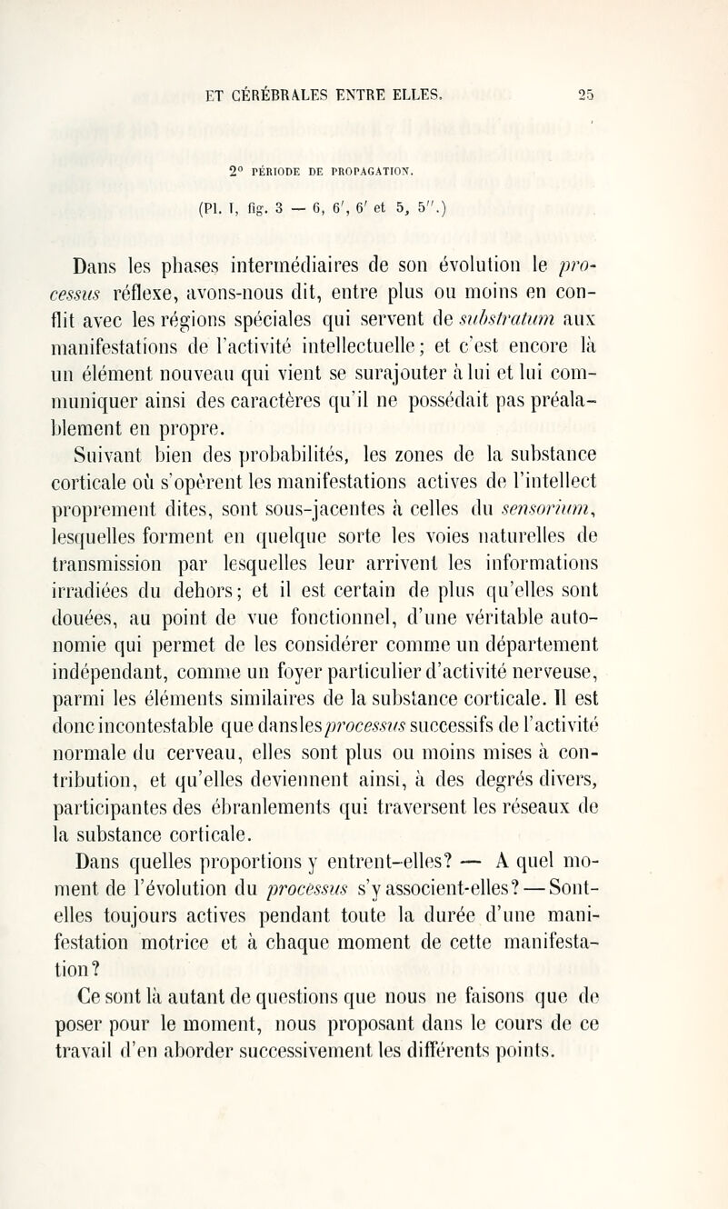 2 PÉRIODE DE PROPAGATIO:^. (PI. T, fig. 3—6, 6', 6' et 5, 5.) Dans les phases intermédiaires de son évolution le pro- cessiis réflexe, avons-nous dit, entre plus ou moins en con- flit avec les régions spéciales qui servent de substratum aux manifestations de l'activité intellectuelle; et c'est encore là un élément nouveau qui vient se surajouter à lui et lui com- muniquer ainsi des caractères qu'il ne possédait pas préala- blement en propre. Suivant bien des probabilités, les zones de la substance corticale où s'opèrent les manifestations actives de l'intellect proprement dites, sont sous-jacentes à celles du sensorium, lesquelles forment en quelque sorte les voies naturelles de transmission par lesquelles leur arrivent les informations irradiées du dehors ; et il est certain de plus qu'elles sont douées, au point de vue fonctionnel, d'une véritable auto- nomie qui permet de les considérer comme un département indépendant, comme un foyer particulier d'activité nerveuse, parmi les éléments similaires de la substance corticale. 11 est donc incontestable que à'àwûç,?,processus successifs de l'activité normale du cerveau, elles sont plus ou moins mises à con- tribution, et qu'elles deviennent ainsi, à des degrés divers, participantes des ébranlements qui traversent les réseaux de la substance corticale. Dans quelles proportions y entrent-elles? — A quel mo- ment de l'évolution du processus s'y associent-elles? — Sont- elles toujours actives pendant toute la durée d'une mani- festation motrice et à chaque moment de cette manifesta- tion? Ce sont là autant de questions que nous ne faisons que de poser pour le moment, nous proposant dans le cours de ce travail d'en aborder successivement les différents points.