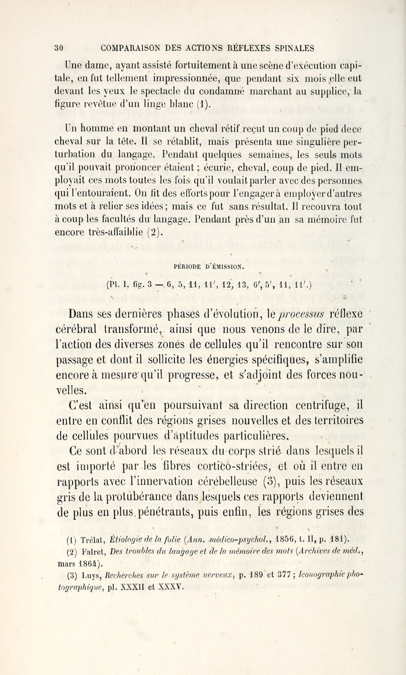 Une dame, ayant assisté fortuitement à une scène d'exécution capi- tale, en fut tellement impressionnée, que pendant six mois elle eut devant les yeux le spectacle du condamné marchant au supplice,' la figure revêtue d'un linge blanc (1). Un homme en montant un cheval rétif reçut un coup de pied de ce cheval sur la tête. Il se rétablit, mais présenta une singulière per- turbation du langage. Pendant quelques semaines, les seuls mots qu'il pouvait prononcer étaient : écurie, cheval, coup de pied. Il em- ployait ces mots toutes les fois qu'il voulait parler avec des personnes qui l'entouraient. On lit des efforts pour l'engagera employer d'autres mots et à relier ses idées ; mais ce fut sans résultat. Il recouvra tout à coup les facultés du langage. Pendant près d'un an sa mémoire fut encore très-affaiblie (2). PERIODE D EMISSION. (PL I, fig. 3 — 6, 5, 11, M', 12, 13, G', 5', 11, 11'.) Dans ses dernières phases d'évolution, ]eprocessus réflexe cérébral transformé, ainsi que nous venons de le dire, par l'action des diverses zones de cellules qu'il rencontre sur son passage et dont il sollicite les énergies spécifiques, s'amplifie encore à mesure'qu'il progresse, et s'adjoint des forces nou- velles. C'est ainsi qu'en poursuivant sa direction centrifuge, il entre en conflit des régions grises nouvelles et des territoires de cellules pourvues d'aptitudes particulières. Ce sont d'abord les réseaux du corps strié dans lesquels il est importé par les fibres cortico-striées, et où il entre en rapports avec l'innervation cérébelleuse (o), puis les réseaux a;ris de la protubérance dans lesquels ces rapports deviennent de plus en plus.pénétrants, puis enfin, les régions grises des (1) Trélat, Ètiologie de la folie [Ajin. tnédico^psychol., 1856, t. II, p. 181). (2) Fairet, Des troubles du langage et de la mémoire des mots {Archives de médi, mars 1864). (3) Luys, Recherches sur le système nerveux^ p. 189 et 377; Iconographie pho- tographique, pi. XXXII et XXXV.