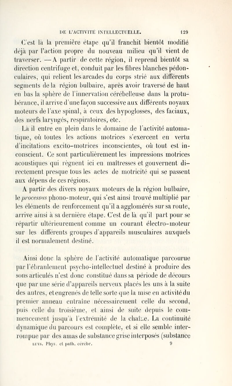 C'est là la première étape qu'il franchit bientôt modifié déjà par l'action propre du nouveau milieu qu'il vient de traverser. —A partir de cette région, il reprend bientôt sa direction centrifuge et, conduit par les fibres blanches pédon- culaires, qui relient les arcades du corps strié aux différents segments delà région bulbaire, après avoir traversé de haut en bas la sphère de l'innervation cérébelleuse dans la protu- bérance, il arrive d'une façon successive aux différents noyaux moteurs de l'axe spinal, à ceux des hypoglosses, des faciaux, des nerfs laryngés, respiratoires, etc. Là il entre en plein daiis le domaine de l'activité automa- tique, où toutes les actions motrices s'exercent en vertu d'incitations excito-motrices inconscientes, où tout est in- conscient. Ce sont particulièrement les impressions motrices acoustiques qui régnent ici en maîtresses et gouvernent di- rectement presque tous les actes de motricité qui se passent aux dépens de ces régions. A partir des divers noyaux moteurs de la région bulbaire, ]g p?vcess'(S ^houo-moteur^ qui s'est ainsi trouvé multiplié par les éléments de renforcement qu'il a agglomérés sur sa route, arrive ainsi à sa dernière étape. C'est de là qu'il part pour se répartir ultérieurement comme un courant électro-moteur sur les différents groupes d'appareils musculaires auxquels il est normalement destiné. Ainsi donc la sphère de l'activité automatique parcourue par l'ébranlement psycho-intellectuel destiné à produire des sons articulés n'est donc constitué dans sa période de décours que par une série d'appareils nerveux placés les uns à la suite des autres, etengrenés de telle sorte que la mise en activité du premier anneau entraîne nécessairement celle du second, puis celle du troisième, et ainsi de suite depuis le com- mencement jusqu'à l'extrémité de la chaî:.e. La continuité dynamique du parcours est complète, et si elle semble inter- rompue par des amas de substance grise interposés (substance uiYs. Phj'S, et patli. cérébr. t'