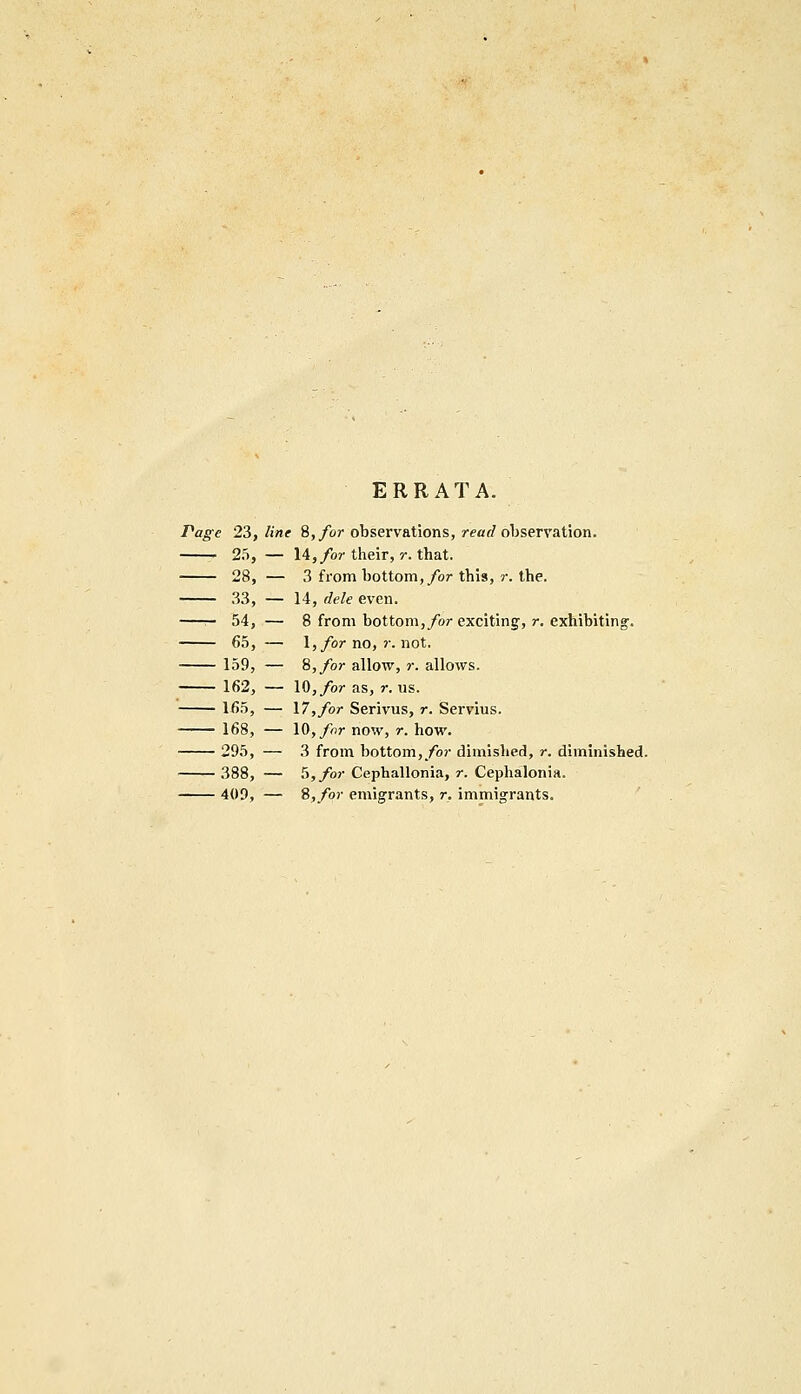 ERRATA. Page 23, lint 8, for observations, read observation. 25, — 14, for their, r. that. 28, — 3 from bottom, for this, r. the. 33, — 14, dele even. —r- 54, — 8 from bottom, for exciting', r. exhibiting. 65, — 1, for no, r. not. 159, — 8, for allow, r. allows. 162, — 10, for as, r. us. 165, — 17, for Serivus, r. Servius. 168, — 10, for now, r. how. 295, — 3 from bottom, for dimished, r. diminished. 388, — 5, for Cephallonia, r. Cephalonia. 409, — 9, for emigrants, r, immigrants.