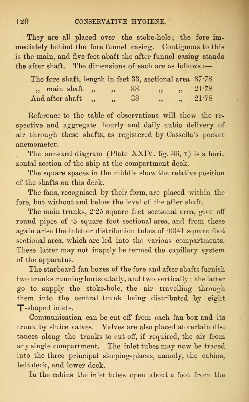 They are all placed over the stoke-hole; the fore im- mediately behind the fore funnel casing. Contiguous to this is the main, and five feet abaffc the after funnel casing stands the after shaft. The dimensions of each are as follows:— The fore shaft, length in feet 33, sectional area 37*78 ,, main shaft „ ,, 33 ,, ,, 21'78 And after shaft „ „ 38 „ „ 2178 Reference to the table of observations will show the re- spective and aggregate hourly and daily cubic delivery of air through these shafts, as registered by Cassella's pocket anemometer. The annexed diagram (Plate XXIV. fig. 36, b) is a hori- zontal section of the ship at the compartment deck. The square spaces in the middle show the relative position of the shafts on this deck. The fans, recognised by their form, are placed within the fore, but without and below the level of the after shaft. The main trunks, 2*25 square feet sectional area, give ofi round pipes of '5 square foot sectional area, and from these again arise the inlet or distribution tubes of *0341 square foot sectional area, which are led into the various compartments. These latter may not inaptly be termed the capillary system of the apparatus. The starboard fan boxes of the fore and after shafts furnish two trunks running horizontally, and two vertically : the latter go to supply the stoke-hole, the air travelling through them into the central trunk being distributed by eight X-shaped inlets. Communication can be cut ofi from each fan box and its trunk by sluice valves. Valves are also placed at certain dis- tances along the trunks to cut off, if required, the air from any single compartment. The inlet tubes may now be traced into the three principal sleeping-places, namely, the cabins, belt deck, and lower deck. In the cabins the inlet tubes open about a foot from the