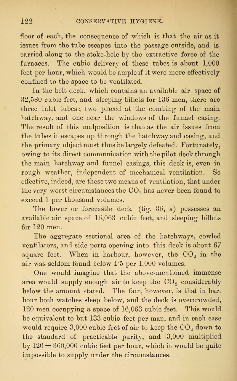 floor of each, tlie consequence of wliicli is tliat the air as it issues from the tube escapes into the passage outside, and is carried along to the stoke-hole bj the extractive force of the furnaces. The cubic delivery of these tubes is about 1,000 feet per hour, which v^^ould be ample if it were more effectively confined to the space to be ventilated. In the belt deck, which contains an available air space of 32,580 cubic feet, and sleeping billets for 136 men, there are three inlet tubes ; two placed at the combing of the main hatchway, and one near the windows of the funnel casing. The result of this malposition is that as the air issues from the tubes it escapes up through the hatchway and casing, and the primary object must thus be largely defeated. Fortunately, owing to its direct communication with the pilot deck through the main hatchway and funnel casings, this deck is, even in rough weather, independent of mechanical ventilation. So effective, indeed, are these two means of ventilation, that under the very worst circumstances the CO2 has never been found to exceed 1 per thousand volumes. The lower or forecastle deck (fig. 36, a) possesses an available air space of 16,063 cubic feet, and sleeping billets for 120 men. The aggregate sectional area of the hatchways, cowled ventilators, and side ports opening into this deck is about Q*7 square feet. When in harbour, however, the CO2 in the air was seldom found below 1'5 per 1,000 volumes. One would imagine that the above-mentioned immense area would supply enough air to keep the CO2 considerably below the amount stated. The fact, however, is that in har- bour both watches sleep below, and the deck is overcrowded, 120 men occupying a space of 16,063 cubic feet. This would be equivalent to but 133 cubic feet per man, and in each case would require 3,000 cubic feet of air to keep the CO2 down to the standard of practicable purity, and 3,000 multiplied by 120 = 360,000 cubic feet per hour, which it would be quite impossible to supply under the circumstances.