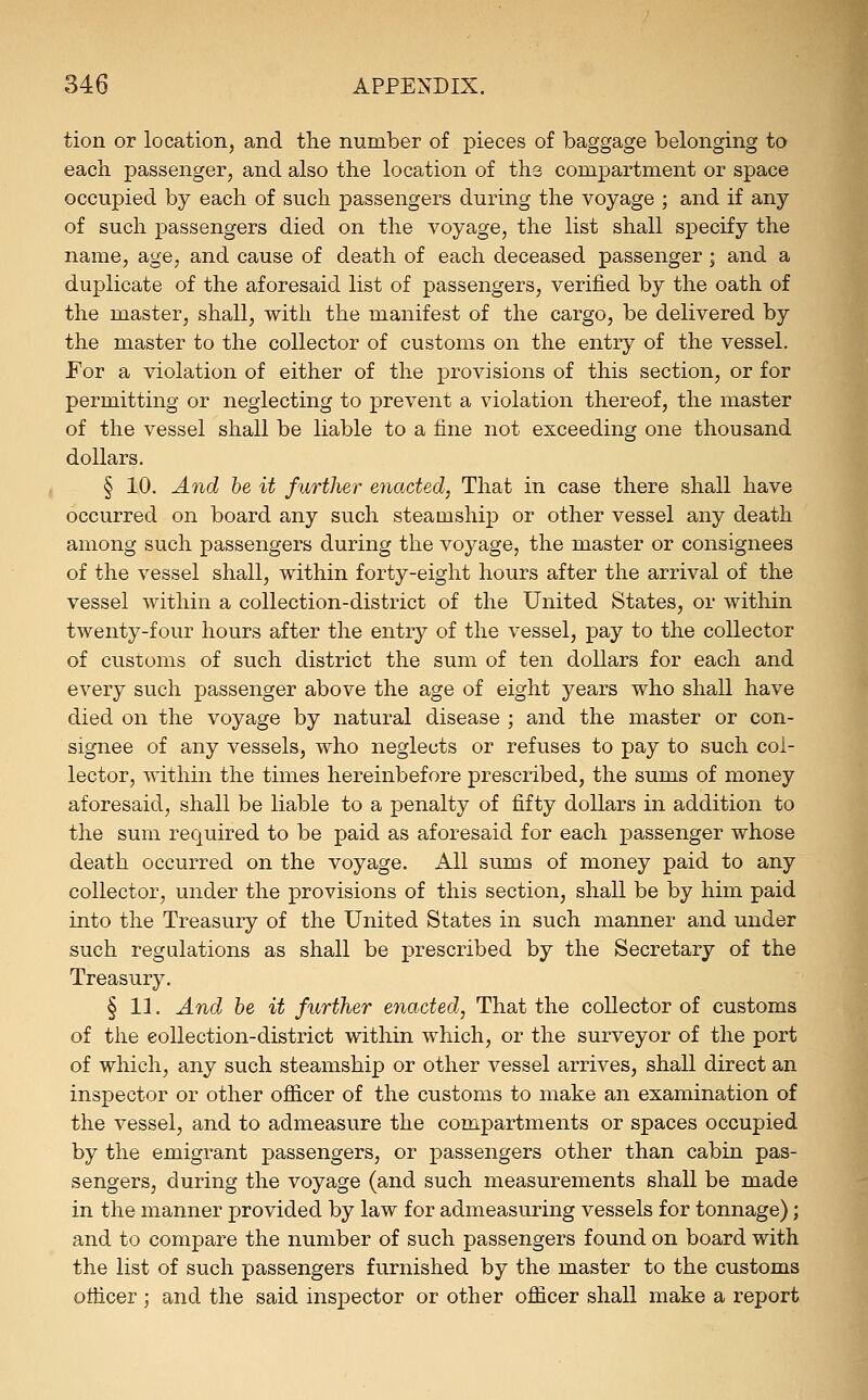 tion or location, and the number of pieces of baggage belonging to each passenger, and also the location of the compartment or space occupied by each of such passengers during the voyage ; and if any of such passengers died on the voyage, the list shall specify the name, age, and cause of death of each deceased passenger ; and a duplicate of the aforesaid list of passengers, verified by the oath of the master, shall, with the manifest of the cargo, be delivered by the master to the collector of customs on the entry of the vessel. For a violation of either of the provisions of this section, or for permitting or neglecting to prevent a violation thereof, the master of the vessel shall be liable to a fine not exceeding one thousand dollars. § 10. And be it further enacted, That in case there shall have occurred on board any such steamship or other vessel any death among such passengers during the voyage, the master or consignees of the vessel shall, within forty-eight hours after the arrival of the vessel within a collection-district of the United States, or within twenty-four hours after the entry of the vessel, pay to the collector of customs of such district the sum of ten dollars for each and every such passenger above the age of eight years who shall have died on the voyage by natural disease ; and the master or con- signee of any vessels, who neglects or refuses to pay to such col- lector, within the times hereinbefore prescribed, the sums of money aforesaid, shall be liable to a penalty of fifty dollars in addition to the sum required to be paid as aforesaid for each passenger whose death occurred on the voyage. All sums of money paid to any collector, under the provisions of this section, shall be by him paid into the Treasury of the United States in such manner and under such regulations as shall be prescribed by the Secretary of the Treasury. § 11. And he it further enacted, That the collector of customs of the collection-district within which, or the surveyor of the port of which, any such steamship or other vessel arrives, shall direct an inspector or other officer of the customs to make an examination of the vessel, and to admeasure the compartments or spaces occupied by the emigrant passengers, or passengers other than cabin pas- sengers, during the voyage (and such measurements shall be made in the manner provided by law for admeasuring vessels for tonnage); and to compare the number of such passengers found on board with the list of such passengers furnished by the master to the customs otficer J and the said inspector or other officer shall make a report