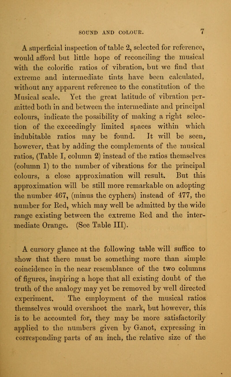 A superficial inspection of table 2, selected for reference, would afford but little hope of reconciling the musical with the colorific ratios of vibration, but we find that extreme and intermediate tints have been calculated, without any apparent reference to the constitution of the Musical scale. Yet the great latitude of vibration per- mitted both in and between the intermediate and principal colours, indicate the possibility of making a right selec- tion of the exceedingly limited spaces within which indubitable ratios may be found. It will be seen, however, that by adding the complements of the musical ratios, (Table I, column 2) instead of the ratios themselves (column 1) to the number of vibrations for the principal colours, a close approximation will result. But this approximation will be still more remarkable on adopting the number 467, (minus the cyphers) instead of 477, the number for Eed, which may well be admitted by the wide range existing between the extreme Ked and the inter- mediate Orange. (See Table III). A cursory glance at the following table will suffice to show that there must be something more than simple coincidence in the near resemblance of the two columns of figures, inspiring a hope that all existing doubt of the truth of the analogy may yet be removed by well directed experiment. The employment of the musical ratios themselves would overshoot the mark, but however, this is to be accounted for, they may be more satisfactorily applied to the numbers given by Ganot, expressing in corresponding parts of an inch, the relative size of the