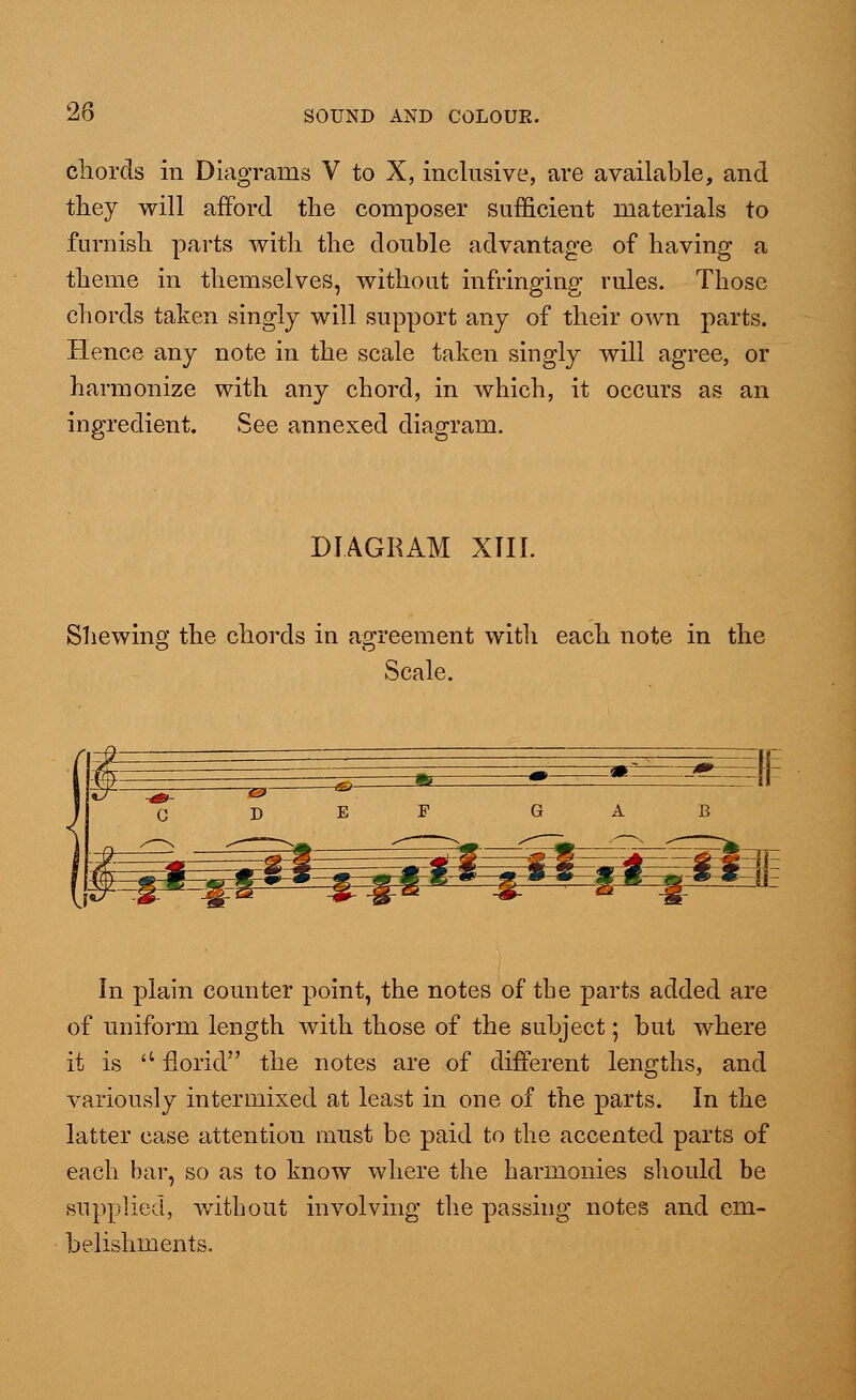 chords in Diagrams V to X, inclusive, are available, and they will afford the composer sufficient materials to furnish parts with the double advantage of having a theme in themselves, without infringing rules. Those chords taken singly will support any of their own parts. Hence any note in the scale taken singly will agree, or harmonize with any chord, in which, it occurs as an ingredient. See annexed diagram. DIAGRAM XIII. Shewing the chords in agreement with each note in the Scale. In plain counter point, the notes of tbe parts added are of uniform length with those of the subject; but where it is  florid the notes are of different lengths, and variously intermixed at least in one of the parts. In the latter case attention must be paid to the accented parts of each bar, so as to know where the harmonies should be supplied, without involving the passing notes and em- belishments.