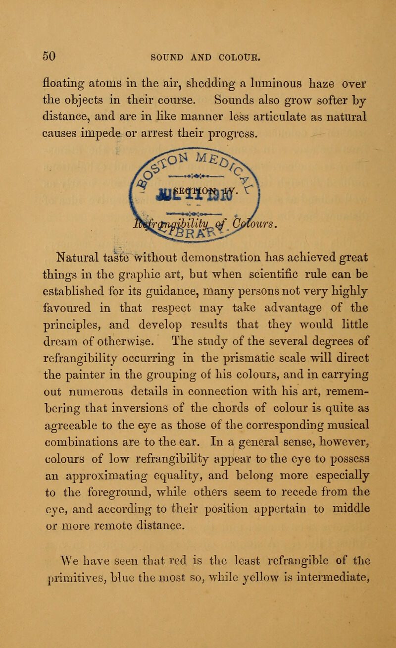 floating atoms in the air, shedding a luminous haze over the objects in their course. Sounds also grow softer by distance, and are in like manner less articulate as natural causes impede or arrest their progress. Natural taste without demonstration has achieved great things in the graphic art, but when scientific rule can be established for its guidance, many persons not very highly favoured in that respect may take advantage of the principles, and develop results that they would little dream of otherwise. The study of the several degrees of refrangibility occurring in the prismatic scale will direct the painter in the grouping of his colours, and in carrying out numerous details in connection with his art, remem- bering that inversions of the chords of colour is quite as agreeable to the eye as those of the corresponding musical combinations are to the ear. In a general sense, however, colours of low refrangibihty appear to the eye to possess an approximating equality, and belong more especially to the foreground, while others seem to recede from the eye, and according to their position appertain to middle or more remote distance. We have seen that red is the least refrangible of the primitives, blue the most so, while yellow is intermediate,