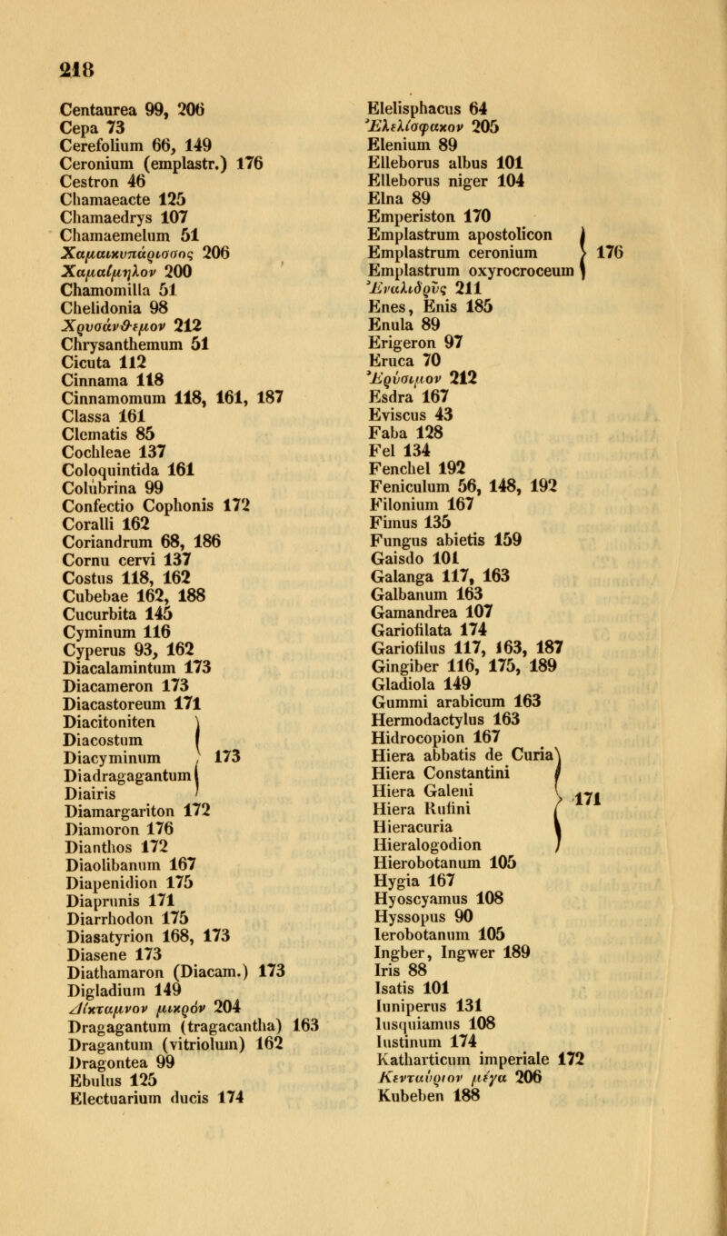 Centaurea 99, 206 Cepa 73 Cerefoiium 66, 149 Ceronium (emplastr.) 176 Cestron 46 Chamaeacte 125 Chamaedrys 107 Chamaemelum 51 Χαμαιχυπάριοοος 206 ΧαμαΙμηλον 200 Chamomiüa 51 Chelidonia 98 Χρνσάν&εμον 212 Chrysanthemum 51 Cicuta 112 Cinnama 118 Cinnamomum 118, 161, 187 Classa 161 Clcmatis 85 Cochleae 137 Coloquintida 161 Colubrina 99 Confectio Cophonis 172 Coralli 162 Coriandrum 68, 186 Cornu cervi 137 Costus 118, 162 Cubebae 162, 188 Cucurbita 145 Cyminum 116 Cyperus 93, 162 Diacalamintum 173 Diacameron 173 Diacastoreum 171 Diacitoniten \ Diacostum I Diacyminum j 173 Diadragagantum 1 Diairis Diamargariton 172 Diamoron 176 Dianthos 172 Diaolibannm 167 Diapenidion 175 Diaprunis 171 Diarrhodon 175 Diasatyrion 168, 173 Diasene 173 Diathamaron (Diacam.) 173 Digladium 149 Λίχταμνον μικρόν 204 Dragagantum (tragacantha) 163 Dragantum (vitriolum) 162 J)ragontea 99 Ebulus 125 Electuarium ducis 174 Elelisphacus 64 Έλελίσφαχον 205 Elenium 89 Elleborus albus 101 Elleborus niger 104 Elna 89 Emperiston 170 Emplastrum apostolicon Emplastrum ceronium Emplastrum oxyrocroceum Ήναλιδρυς 211 Enes, Enis 185 Enula 89 Erigeron 97 Eruca 70 *Ερΰθιμον 212 Esdra 167 Eviscus 43 Faba 128 Fei 134 Fenchel 192 Feniculum 56, 148, 192 Filonium 167 Fimus 135 Fungus abietis 159 Gaisdo 101 Galanga 117, 163 Galbanum 163 Gamandrea 107 Gariolilata 174 Gariofilus 117, 163, 187 Gingiber 116, 175, 189 Gladiola 149 Gummi arabicum 163 Hermodactylus 163 Hidrocopion 167 Hiera abbatis de Curia Hiera Constantini Hiera Galeni Hiera Rutini Hieracuria Hieralogodion Hierobotanum 105 Hygia 167 Hyoscyamus 108 Hyssopus 90 lerobotanum 105 Ingber, Ingwer 189 Iris 88 Isatis 101 luniperus 131 lusquiamus 108 Iustinum 174 Katharticum imperiale 172 Κενταύριον μέγα 206 Kubeben 188 176 171