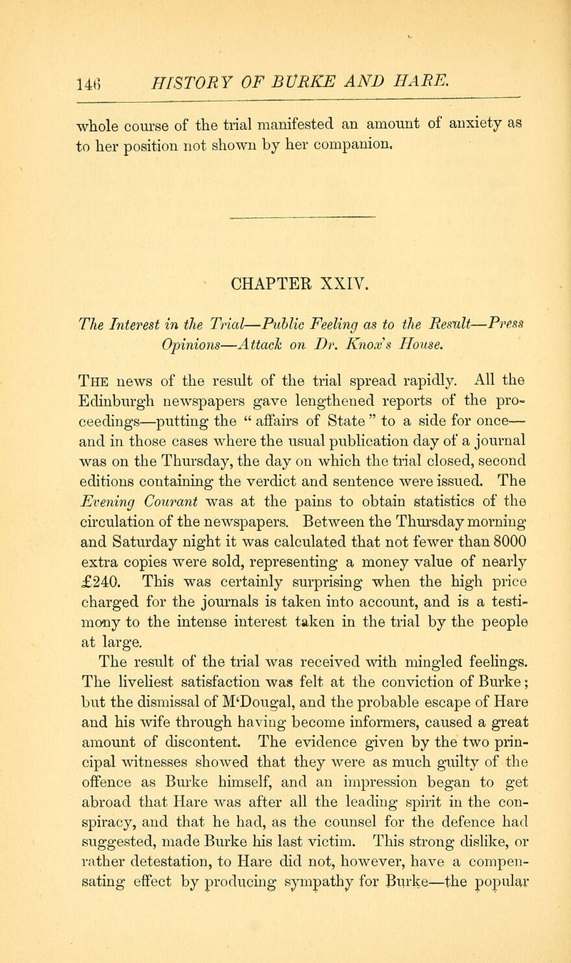 whole course of the trial manifested an amount of anxiety as to her position not shown by her companion, CHAPTER XXIV. The Interest in the Trial—Public Feeling as to the Result—Press Opinions—Attack on Dr. Knoxs House. The news of the result of the trial spread rapidly. All the Edinburgh newspapers gave lengthened reports of the pro- ceedings—putting the  affairs of State  to a side for once— and in those cases where the usual publication day of a journal was on the Thursday, the day on which the trial closed, second editions containing the verdict and sentence were issued. The Evening Courant was at the pains to obtain statistics of the circulation of the newspapers. Between the Thursday morning and Saturday night it was calculated that not fewer than 8000 extra copies were sold, representing a money value of nearly £240. This was certainly surprising when the high price charged for the journals is taken into account, and is a testi- mony to the intense interest taken in the trial by the people at large. The result of the trial was received with mingled feelings. The liveliest satisfaction was felt at the conviction of Burke; but the dismissal of M'Dougal, and the probable escape of Hare and his wife through having become informers, caused a great amount of discontent. The evidence given by the two prin- cipal witnesses shoAved that they were as much guilty of the offence as Burke himself, and an impression began to get abroad that Hare was after all the leading spirit in the con- spiracy, and that he had, as the counsel for the defence had suggested, made Burke his last victim. This strong dislike, or rather detestation, to Hare did not, however, have a compen- sating effect by producing sympathy for Burke—the popular