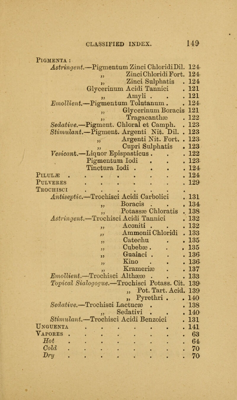 PlGMENTA : Astringent.—Pigmentum Zinci ChloridiDil. 124 „ Zinci Chloridi Fort. 124 „ Zinci Sulphatis . 124 Glycerinum Acidi Tannici . 121 „ Amyli . . .121 Emollient.—Pigmentum Tolutaniim . , 124 „ Glycerinum Boracis 121 ,, Tragacanthse . 122 Sedative.—Pigment. Chloral et Camph. . 123 Stimulant.—Pigment. Argenti Nit. Dil. , 123 „ Argenti Nit. Fort. . 123- „ Cnpri Sulphatis • 123 Vesicant.—Liquor Epispasticus . . . 122 Pigmentum lodi . . , 123 Tinctura lodi .... 124 Pilule 124 pulveres 129 Trochisci Antiseptic.—Trochisci Acidi Carbolici ,131 „ Boracis . . , 134 ,, Potassae Chloratis , 138 Astringent.—Trochisci Acidi Tannici . 132 „ Aconiti . . .132 J, Ammonii Chloridi . 133 „ Catechu . , 135 „ Cubebse. . , 135 „ Gnaiaci . . . 136 „ Kino . . . 13a „ Kramerise . .137 Emollient.—Trochisci AlthsesB . . . 133 Tojpical Sialogogue.—Trochisci Potass. Cit. 139' „ Pot. Tart. Acid. 139 „ Pyrethri . • 140 Sedative.—Trochisci Lactucee . , 138 „ Sedativi . . , 140 Stimula7it.—Trochisci Acidi Benzoici . 131 Unguenta 141 Yapores . 63 Hot 64 Cold . . 70 Dnj 70