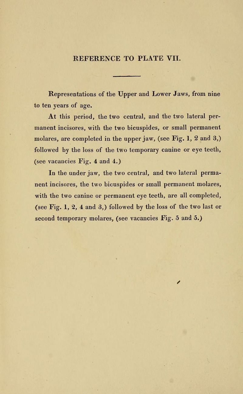 Representations of the Upper and Lower Jaws, from nine to ten years of age. At this period, the two central, and the two lateral per- manent incisores, with the two bicuspides, or small permanent molares, are completed in the upper jaw, (see Fig. 1, 2 and 3,) followed by the loss of the two temporary canine or eye teeth, (see vacancies Fig. 4 and 4.) In the under jaw, the two central, and two lateral perma- nent incisores, the two bicuspides or small permanent molares, with the two canine or permanent eye teeth, are all completed, (see Fig. 1, 2, 4 and 3,) followed by the loss of the two last or