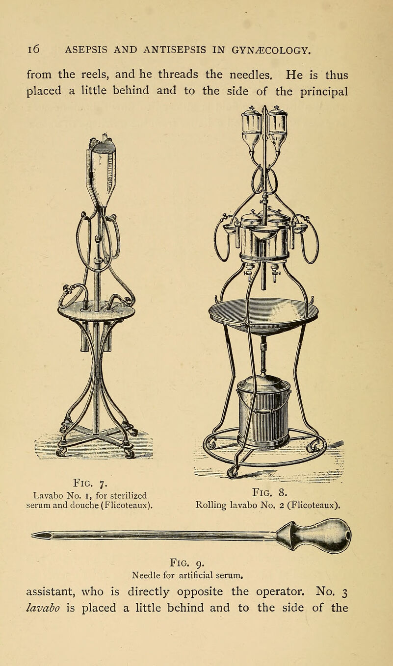 from the reels, and he threads the needles. He is thus placed a little behind and to the side of the principal Fig. 7. Lavabo No. i, for sterilized serum and douche (Flicoteaux). Fig. 8. Rolling lavabo No. 2 (Flicoteaux). Fig. 9. Needle for artificial serum. assistant, who is directly opposite the operator. No. 3 lavabo is placed a little behind and to the side of the