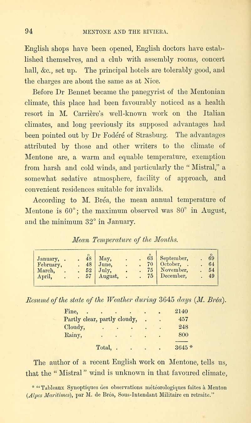 English shops have been opened, English doctors have estab- lished themselves, and a club with assembly rooms, concert hall, &c., set up. The principal hotels are tolerably good, and the charges are about the same as at Nice. Before Dr Bennet became the panegyrist of the Mentonian climate, this place had been favourably noticed as a health resort in M. Carrik^e's well-known work on the Italian climates, and long previously its supposed advantages had been pointed out by Dr Fodere of Strasburg. The advantages attributed by those and other writers to the climate of Mentone are, a warm and equable temperature, exemption from harsh and cold winds, and particularly the  Mistral, a somewhat sedative atmosphere, facility of approach, and convenient residences suitable for invalids. According to M. Brea, the mean annual temperature of Mentone is 60°; the maximum observed was 80° in August, and the minimum 32° in January. Mean Temperature of the Months. January, . o . 48 May, . 63 September, o . 69 February, . 48 June, . 70 October, . . 64 March, . 52 July, . 75 November, . 54 April, . 57 August, . 75 December, . 49 BesumSofthe state of the Weather during 3645 days {M. Br da). Fine, 2140 Partly clear, partly cloudy, . . 457 Cloudy, ..... 248 Eainy, 800 Total, .... 3645* The author of a recent English work on Mentone, tells us, that the  Mistral wind is unknown in that favoured climate, * '' Tableaux Synoptiques des observations meteorologiques faites a Menton {Al2oes Maritimes), par M. de Brea, Sous-Intendant Militaire en retraite.