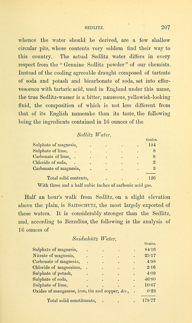 whence the water should be derived, are a few shallow circular pits, whose contents very seldom find their way to this country. The actual Sedlitz water differs in every respect from the  Genuine Sedlitz powder of our chemists. Instead of the cooling agreeable draught composed of tartrate of soda and potash and bicarbonate of soda, set into effer- vescence with tartaric acid, used in England under this name, the true Sedlitz-wasser is a bitter, nauseous, yellowish-looking fluid, the composition of which is not less different from that of its English namesake than its taste, the following being the ingredients contained in 16 ounces of the Sedlitz Water. Sulphate of magnesia, Sulphate of lime, Carbonate of lime, . Chloride of soda, Carbonate of magnesia, Grains. 104 Total solid contents, . . .126 With three and a half cubic inches of carbonic acid gas. Half an hour's walk from Sedlitz, on a slight elevation above the plain, is Saidschutz, the most largely exported of these waters. It is considerably stronger than the Sedlitz, and, according to Berzelius, the following is the analysis of 16 ounces of Saidschutz Water. Grains. Sulphate of magnesia, 84-16 Nitrate of magnesia, 25-17 Carbonate of magnesia. 4-98 Chloride of magnesium, . 2-16 Sulphate of potash, 4-09 Sulphate of soda, 46-80 Sulphate of lime, . . . 1007 Oxides of manganese, iron, tin and copper, &c., 0-28 Total solid constituents. 178-77