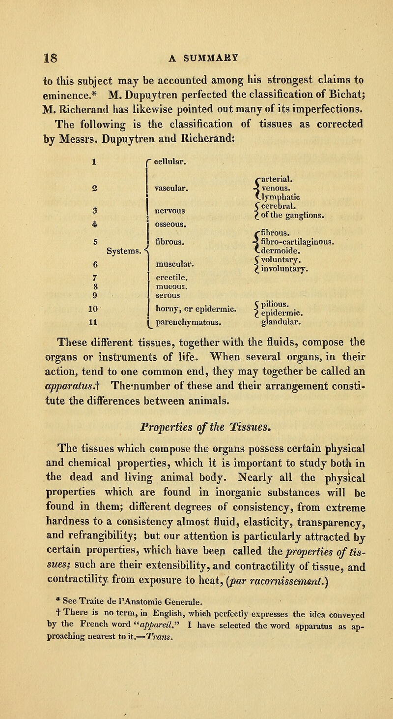 to this subject may be accounted among his strongest claims to eminence.* M. Dupuytren perfected the classification of Bichat; M. Richerand has likewise pointed out many of its imperfections. The following is the classification of tissues as corrected by Messrs. Dupuytren and Richerand; 1  cellular. ^arterial. - J venous, 'lymphatic 2 vascular. C cerebral. ^ of the ganglions. 3 nervous 4 osseous. 1 -fibrous. -1 fibro-cartilaginous * -derraoide. 5 fibrous. Systems. * 6 muscular. C voluntary. ^ involuntary. 7 erectile. S mucous. 9 serous 10 horny, or epidermic. C pilious. ^ epidermic. 11 parenchymatous. glandular. These different tissues, together with the fluids, compose the organs or instruments of life. When several organs, in their action, tend to one common end, they may together be called an apparatus.^ The-number of these and their arrangement consti- tute the differences between animals. Properties of the Tissues, The tissues which compose the organs possess certain physical and chemical properties, which it is important to study both in the dead and living animal body. Nearly all the physical properties which are found in inorganic substances will be found in them; different degrees of consistency, from extreme hardness to a consistency almost fluid, elasticity, transparency, and refrangibility; but our attention is particularly attracted by certain properties, which have beep called the properties of tis- sues; such are their extensibility, and contractility of tissue, and contractility from exposure to heat, {par racornissemmt.) * See Traite de 1'Anatomic Generale. + There is no term, in English, which perfectly expresses the idea conveyed by the French word appareil, I have selected the word apparatus as ap- proaching nearest to li.'—Trans.